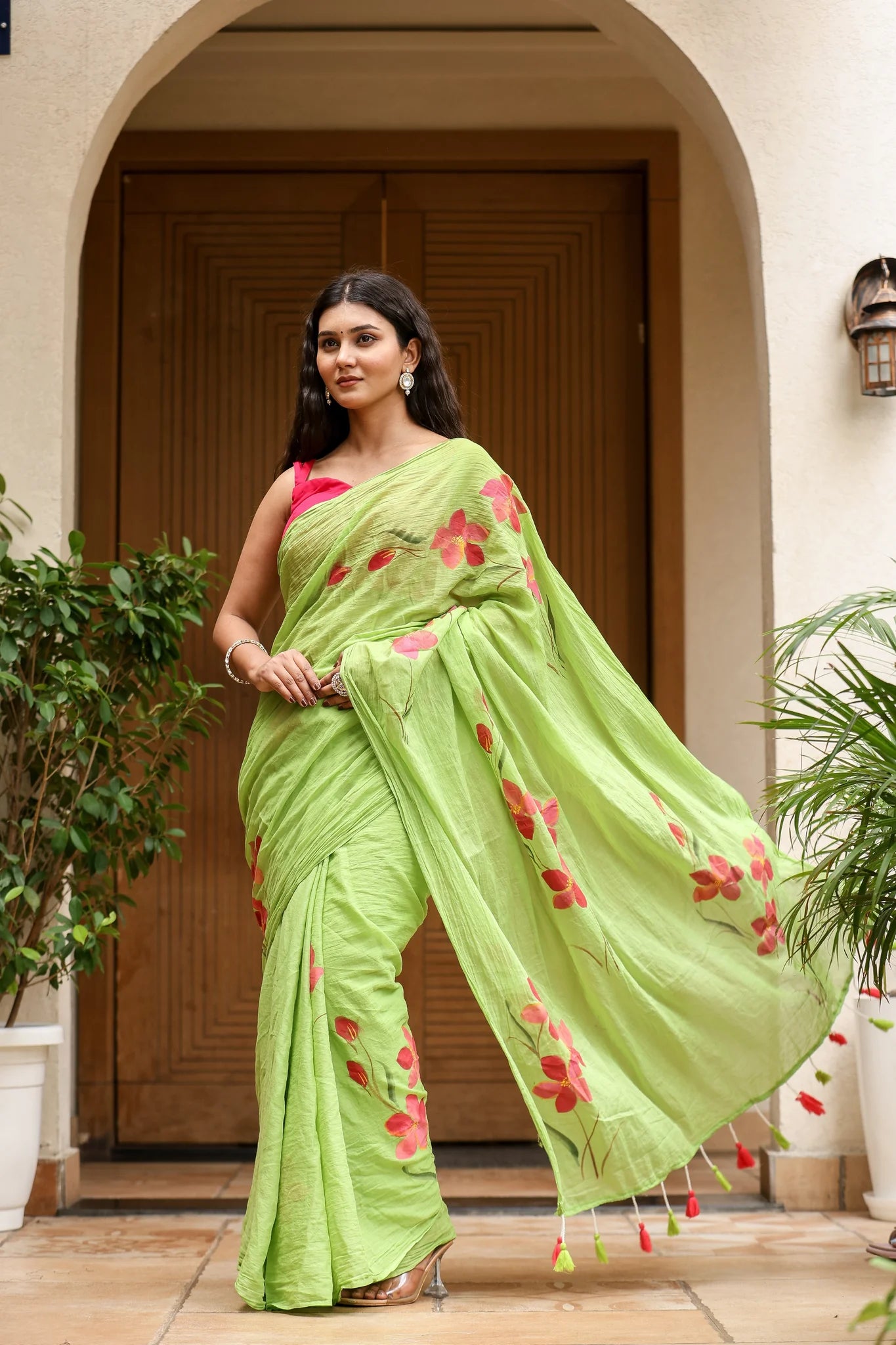Lime Bloom (Handpainted Green Malmal Saree)