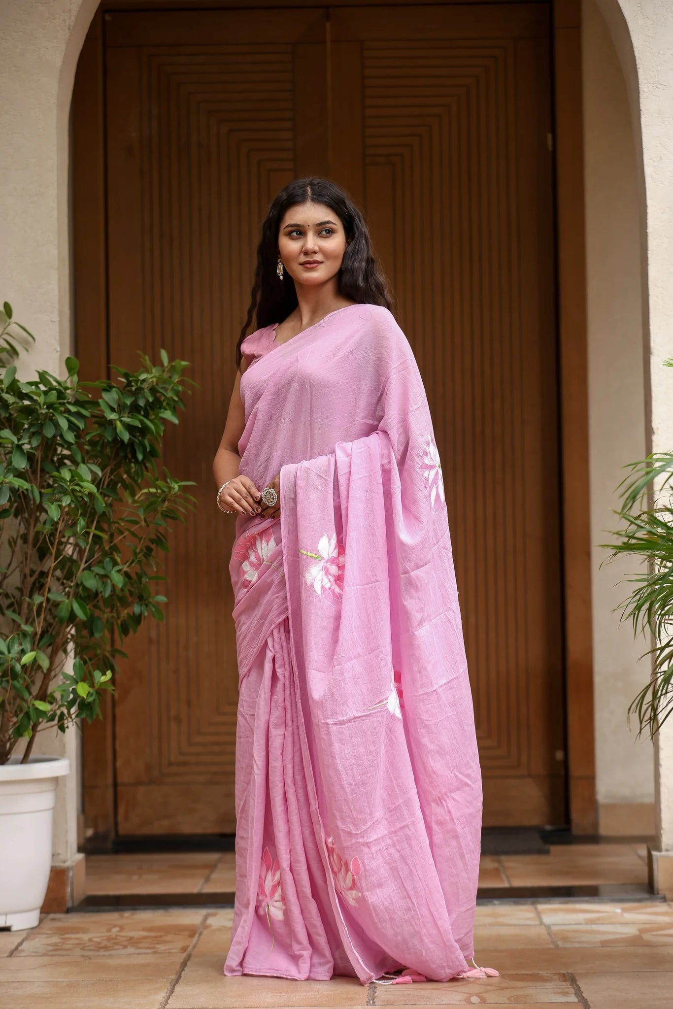 Lotus Blush (Handpainted Pink Malmal Saree)