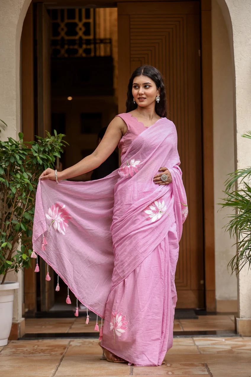 Lotus Blush (Handpainted Pink Malmal Saree)