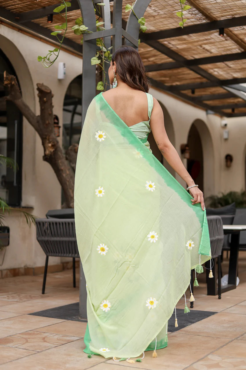 Fresh Lime Green Malmal Cotton Handpainted Daisy Saree