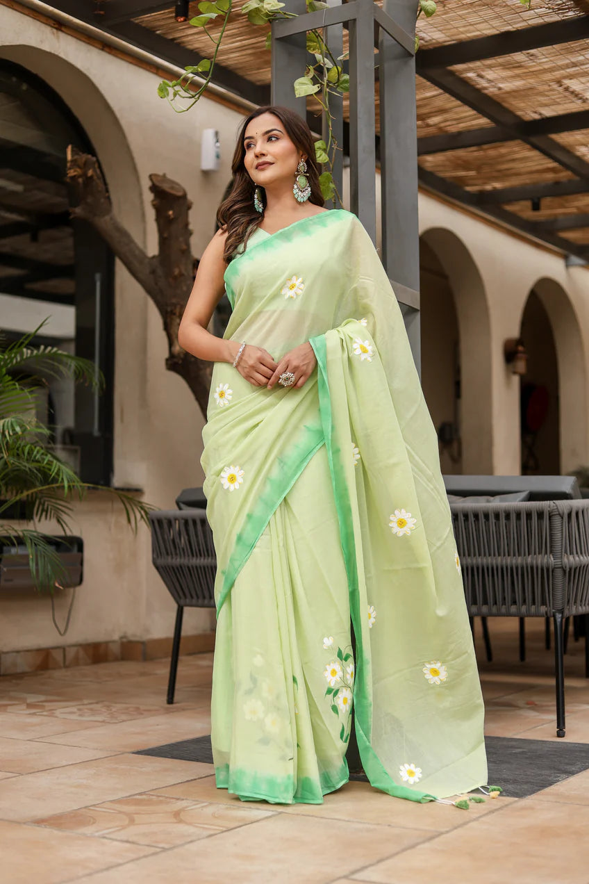 Fresh Lime Green Malmal Cotton Handpainted Daisy Saree