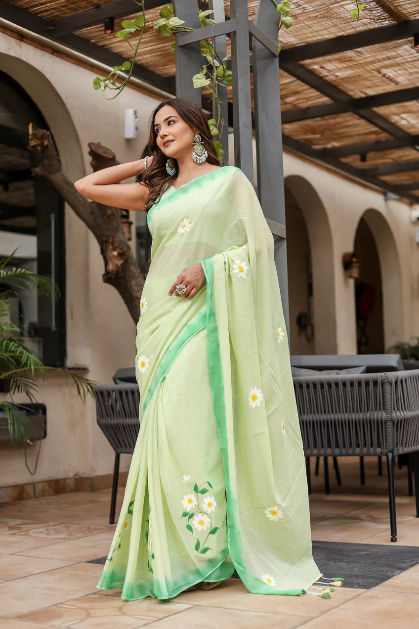 Fresh Lime Green Malmal Cotton Handpainted Daisy Saree
