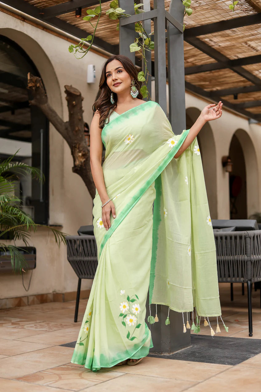 Fresh Lime Green Malmal Cotton Handpainted Daisy Saree