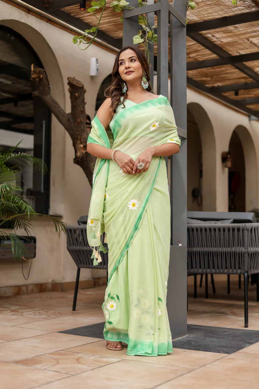 Fresh Lime Green Malmal Cotton Handpainted Daisy Saree