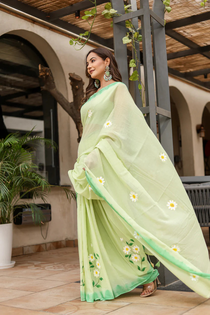 Fresh Lime Green Malmal Cotton Handpainted Daisy Saree