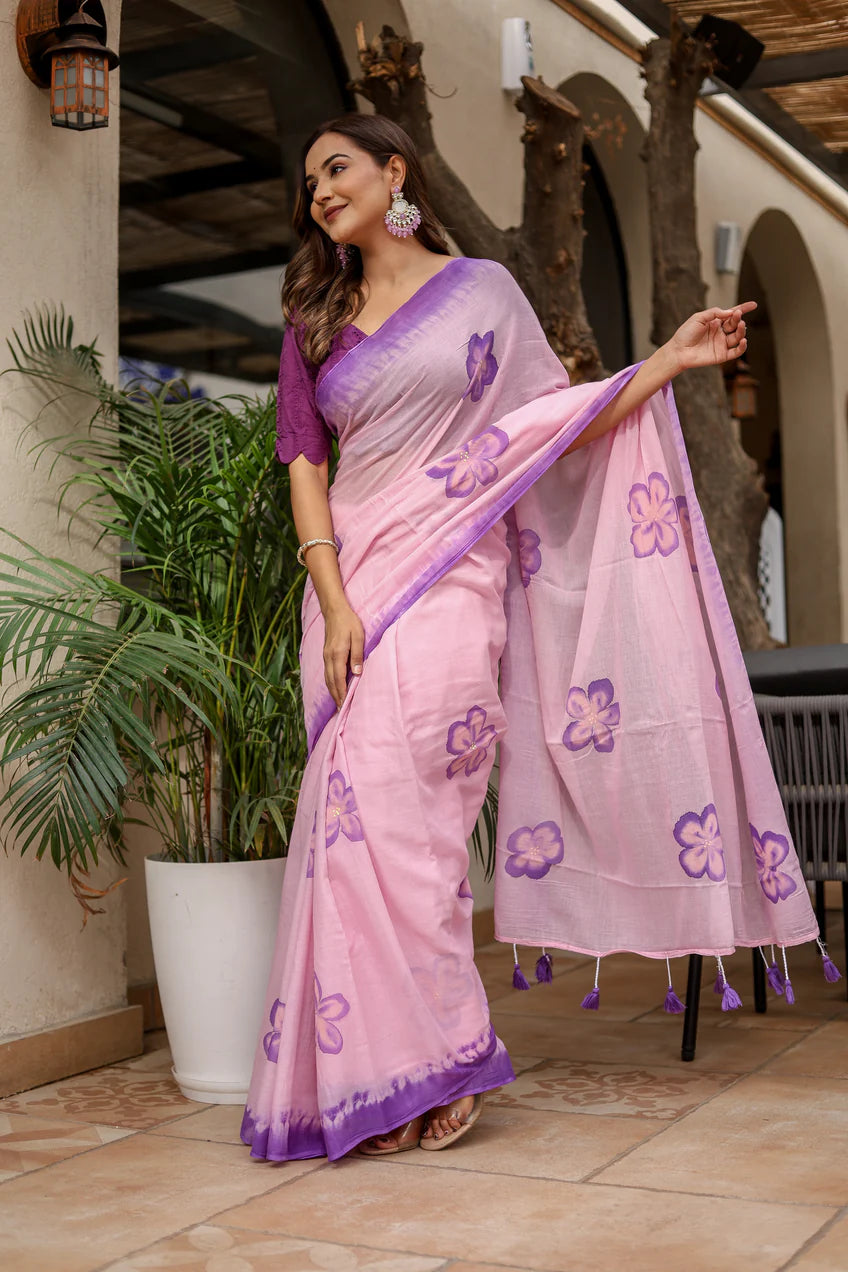 Soft Pink Lavender Malmal Cotton Handpainted Violet Floral Saree