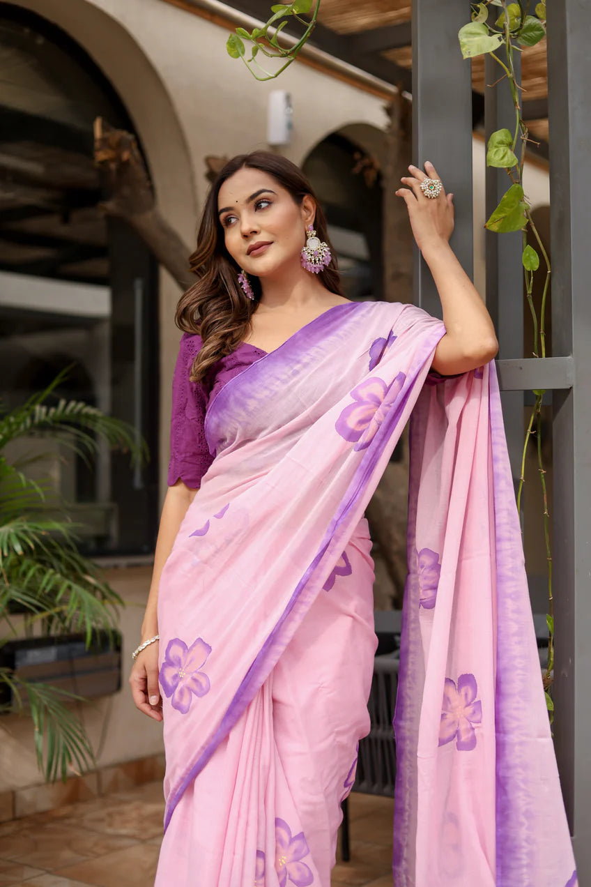 Soft Pink Lavender Malmal Cotton Handpainted Violet Floral Saree