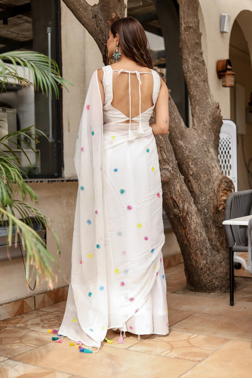 Joyful White Creme Malmal Cotton Handpainted Dots Saree