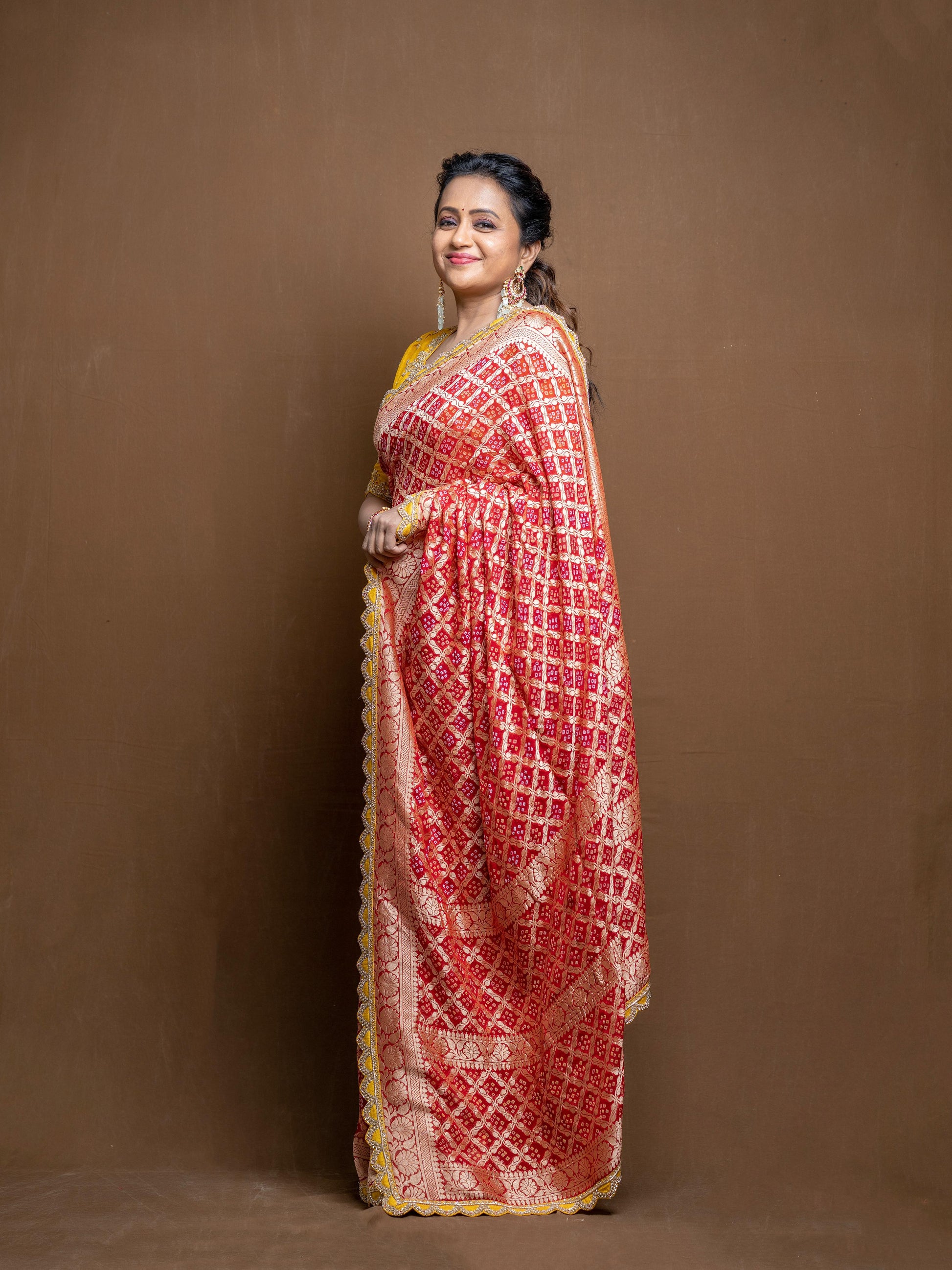 Red Georgette Banarasi Saree Yellow Zardosi Border Cutdana Blouse