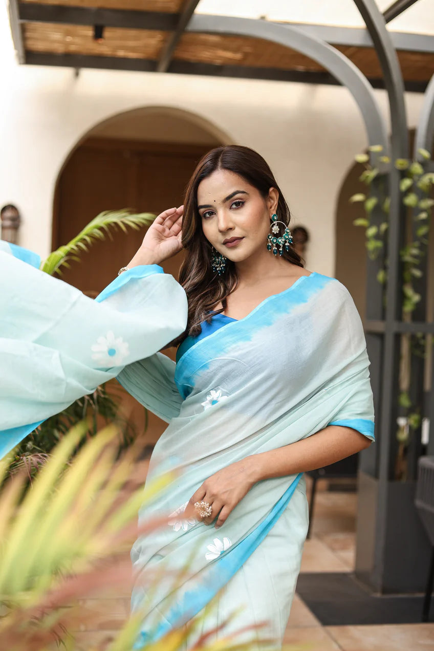Soothing Aqua Blue Malmal Cotton Handpainted White Floral Saree