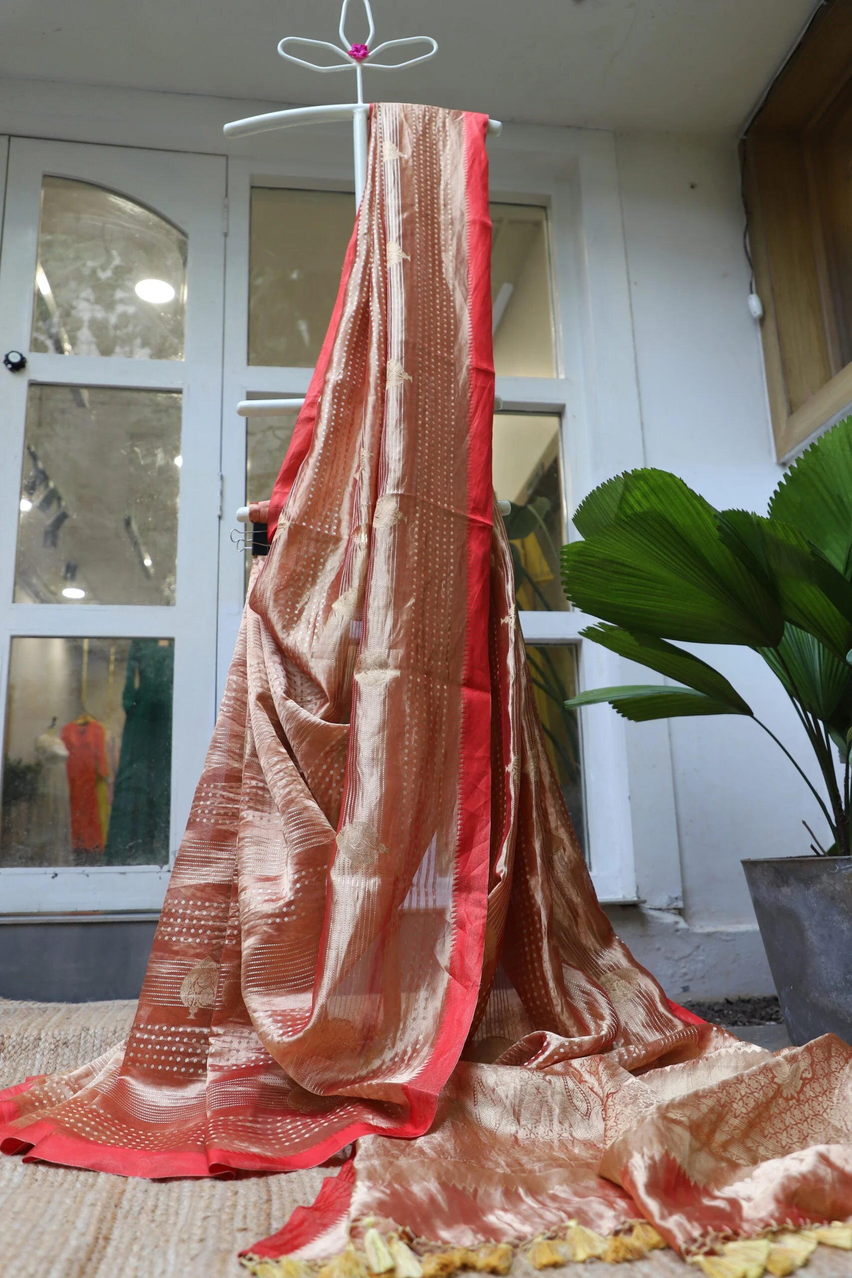 Fire Brick Red Tissue Saree - Floral Silk Saree