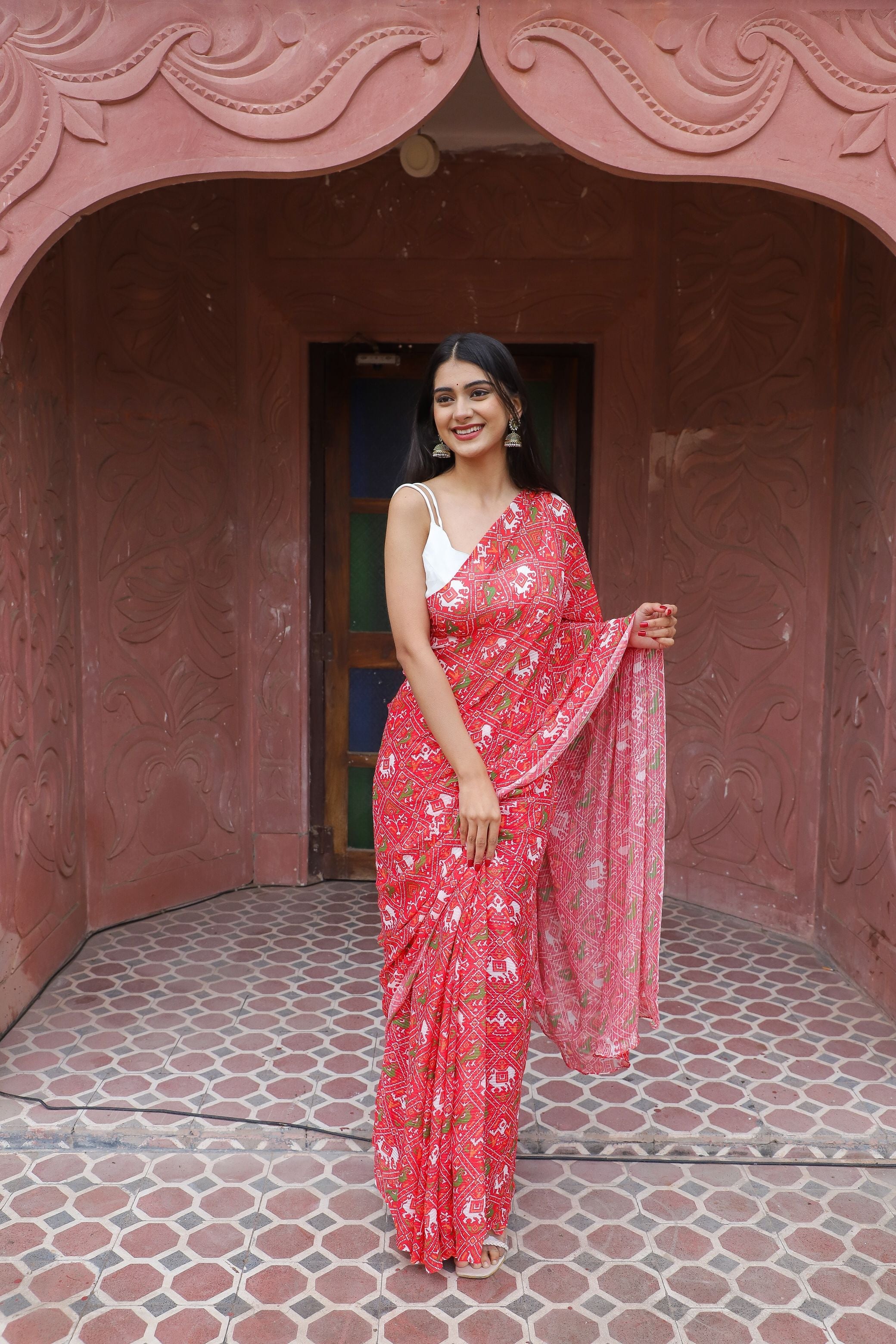 Festive Maroon Red Georgette Patola Printed Saree Nature Inspired