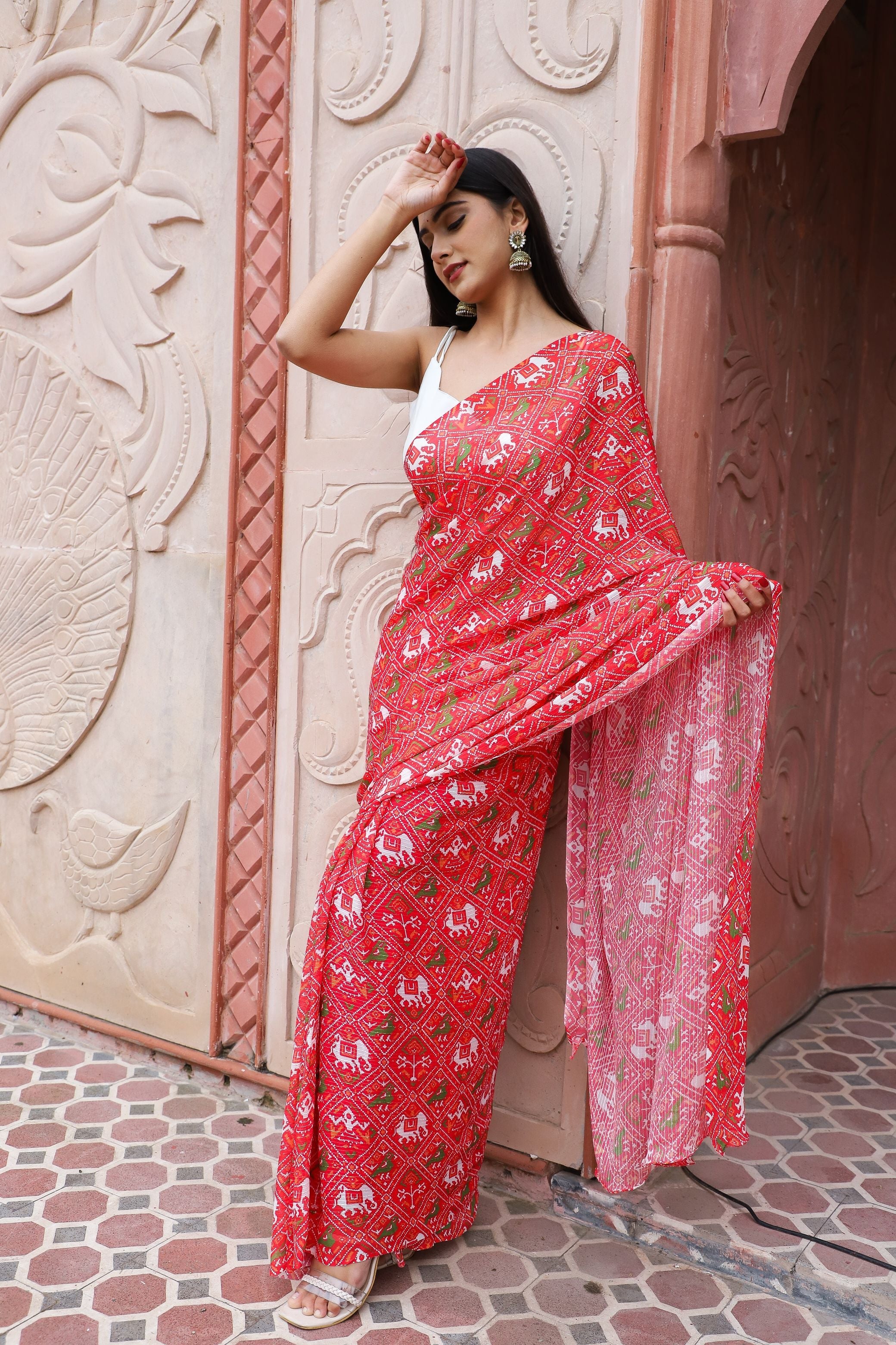 Festive Maroon Red Georgette Patola Printed Saree Nature Inspired