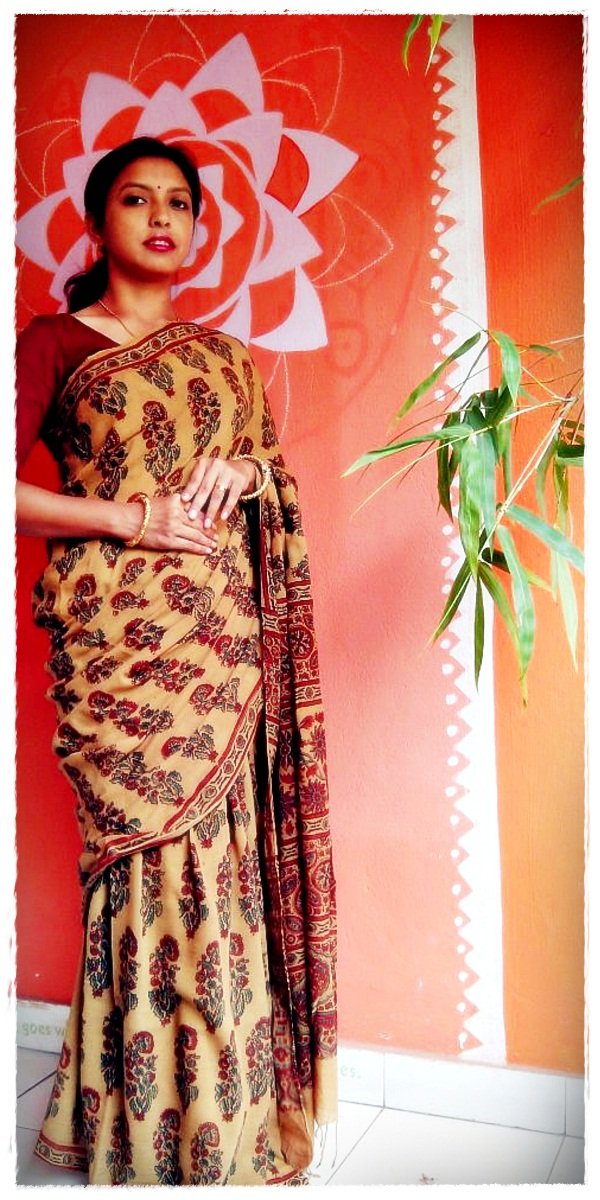 Turmeric Yellow Red Muslin Cotton Silk Ajrakh Handblock Saree Nature