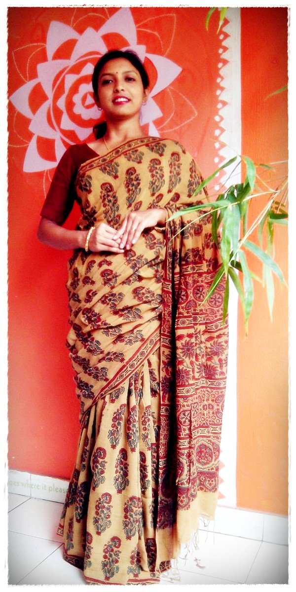 Turmeric Yellow Red Muslin Cotton Silk Ajrakh Handblock Saree Nature