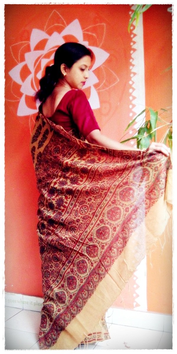 Turmeric Yellow Red Muslin Cotton Silk Ajrakh Handblock Saree Nature