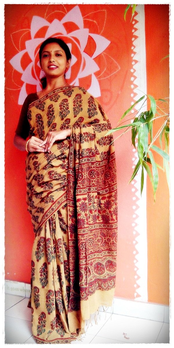 Turmeric Yellow Red Muslin Cotton Silk Ajrakh Handblock Saree Nature