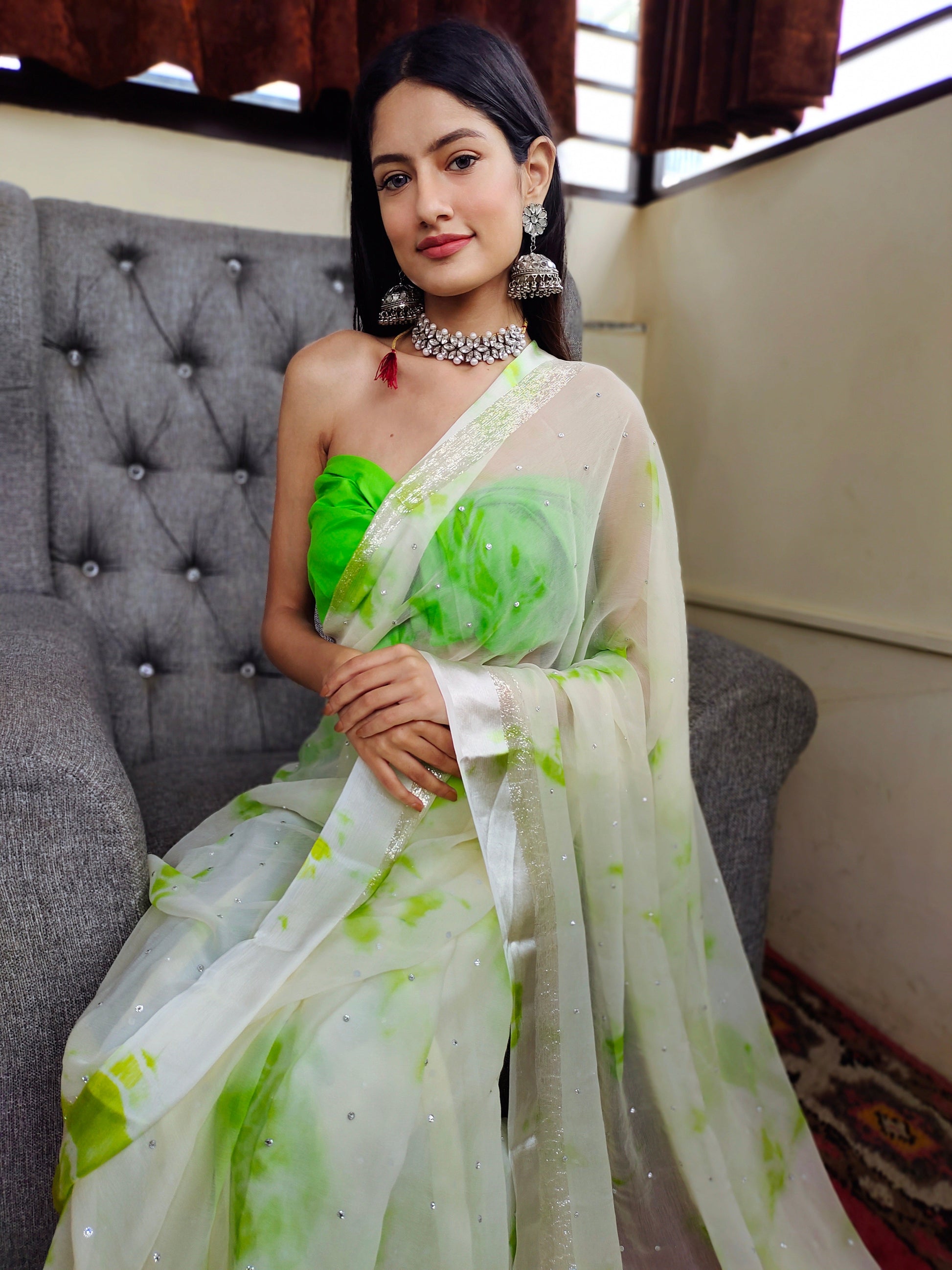 Attractive Green White Shibori Chiffon Saree Satin Border