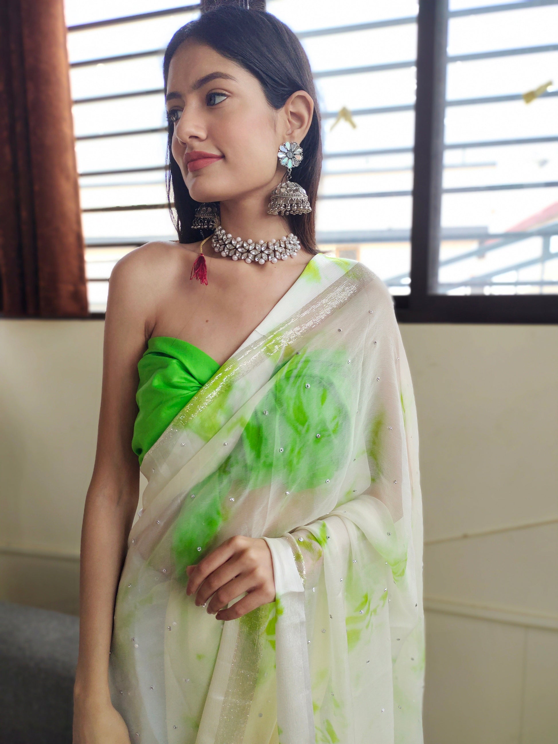 Attractive Green White Shibori Chiffon Saree Satin Border