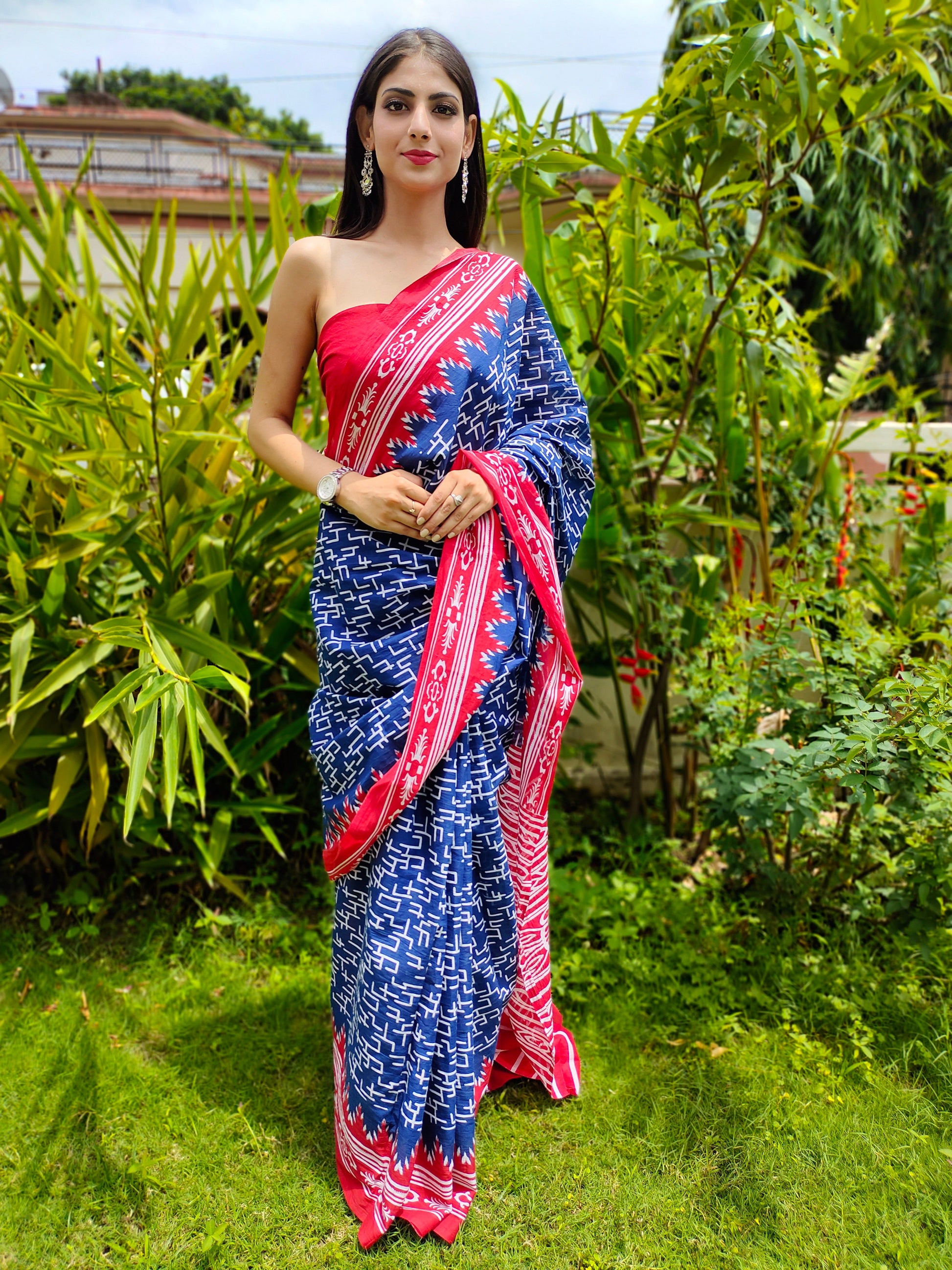 Classy Royal Blue Cotton Saree Red Border Handblock Print