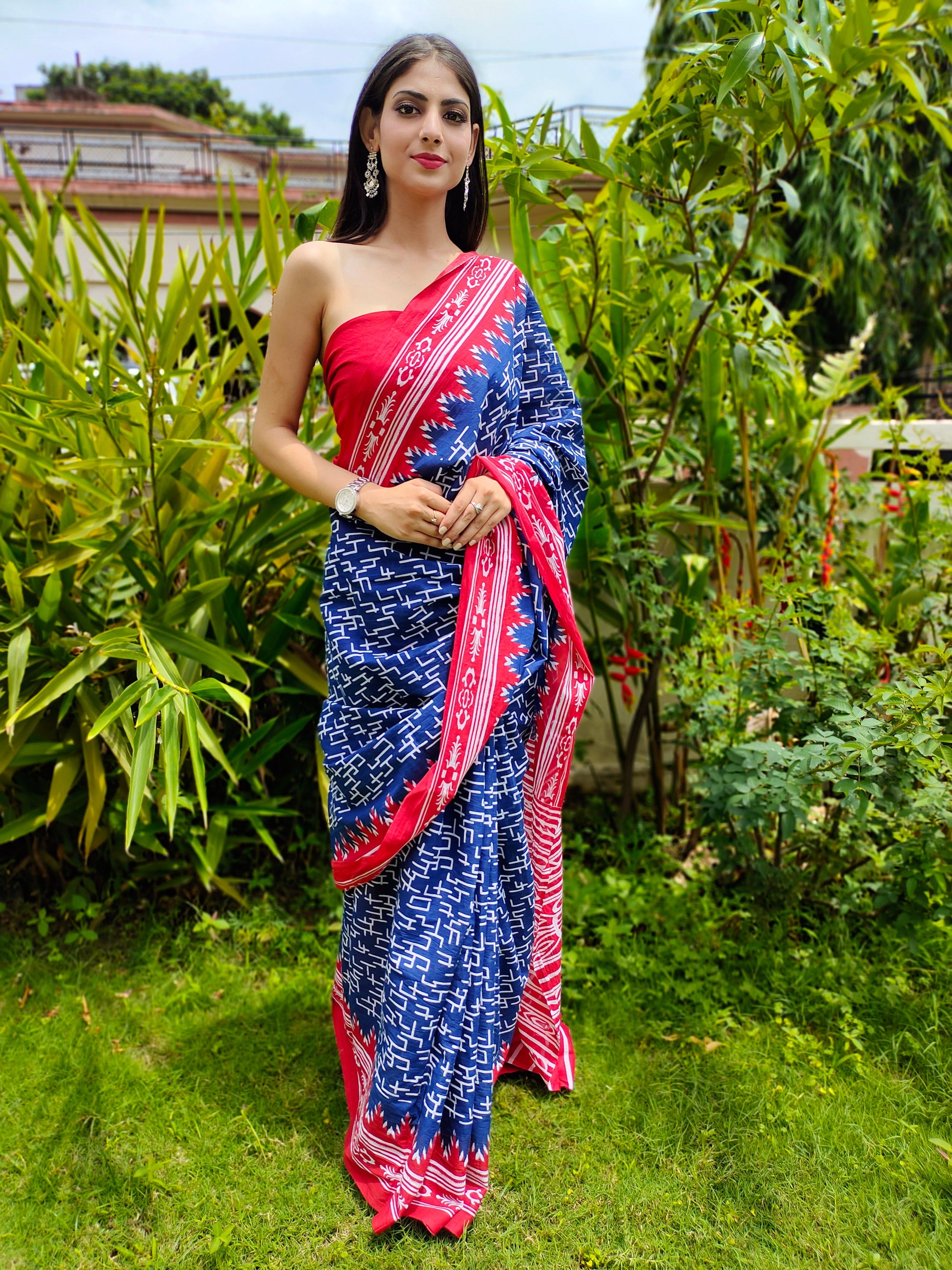 Classy Royal Blue Cotton Saree Red Border Handblock Print