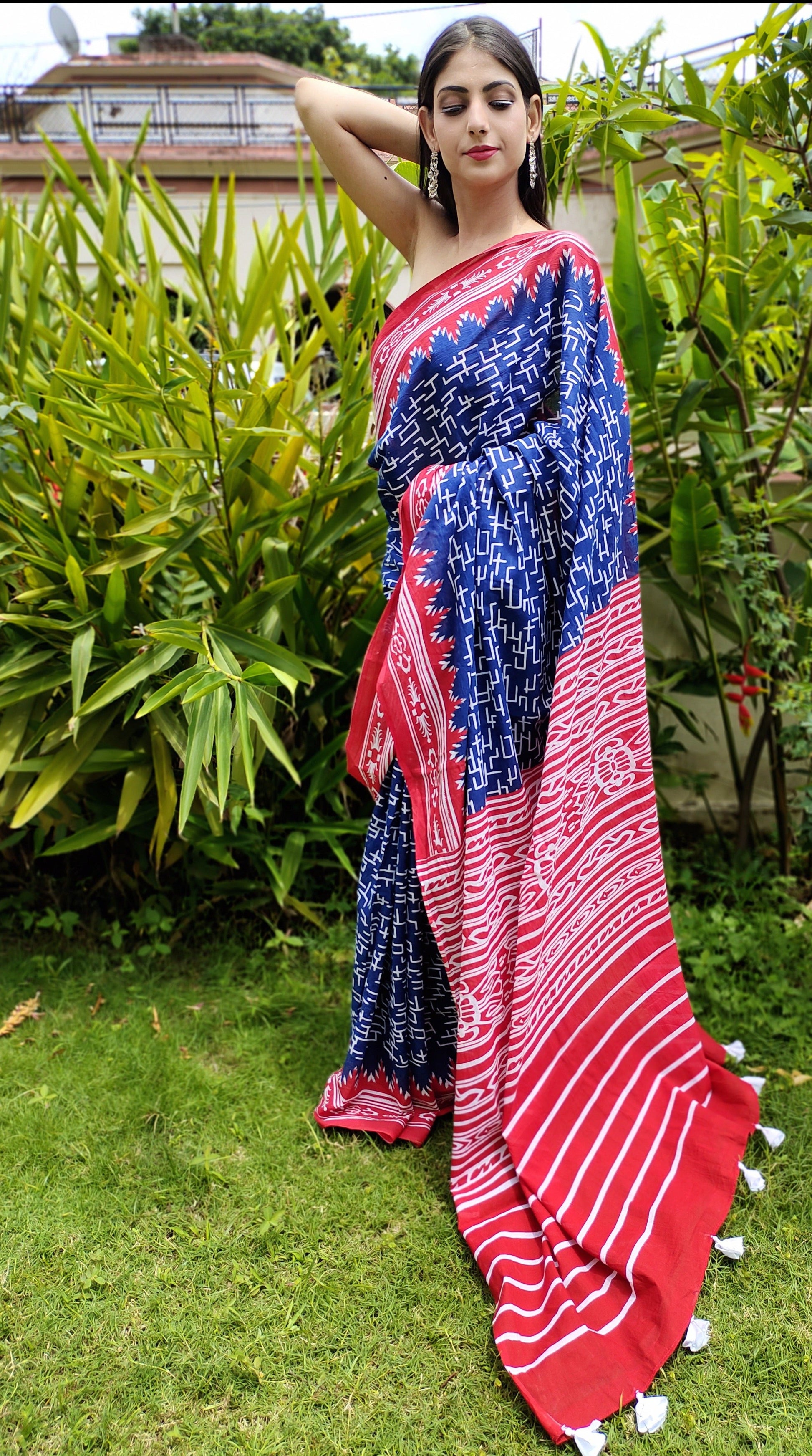Classy Royal Blue Cotton Saree Red Border Handblock Print