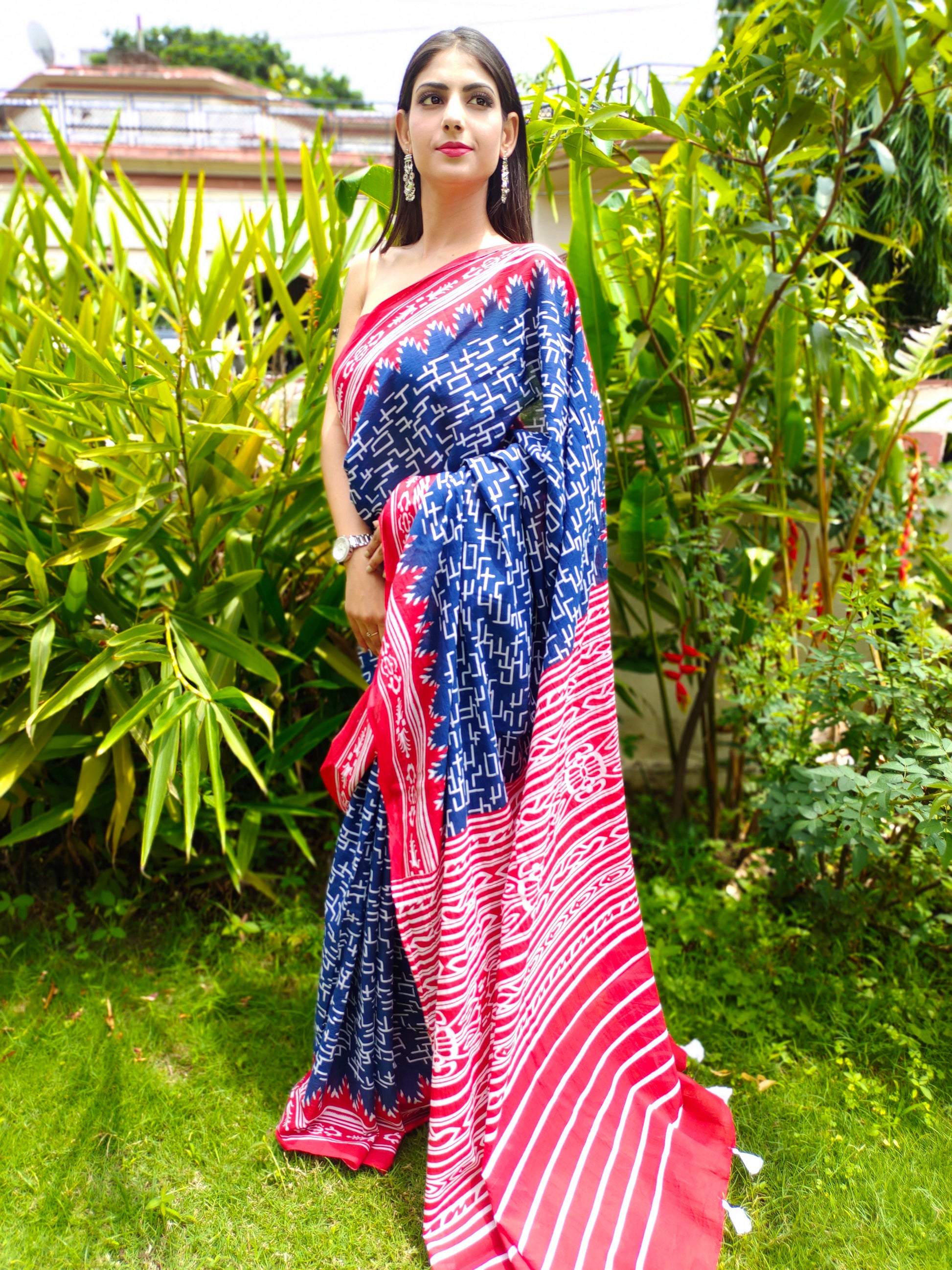 Classy Royal Blue Cotton Saree Red Border Handblock Print
