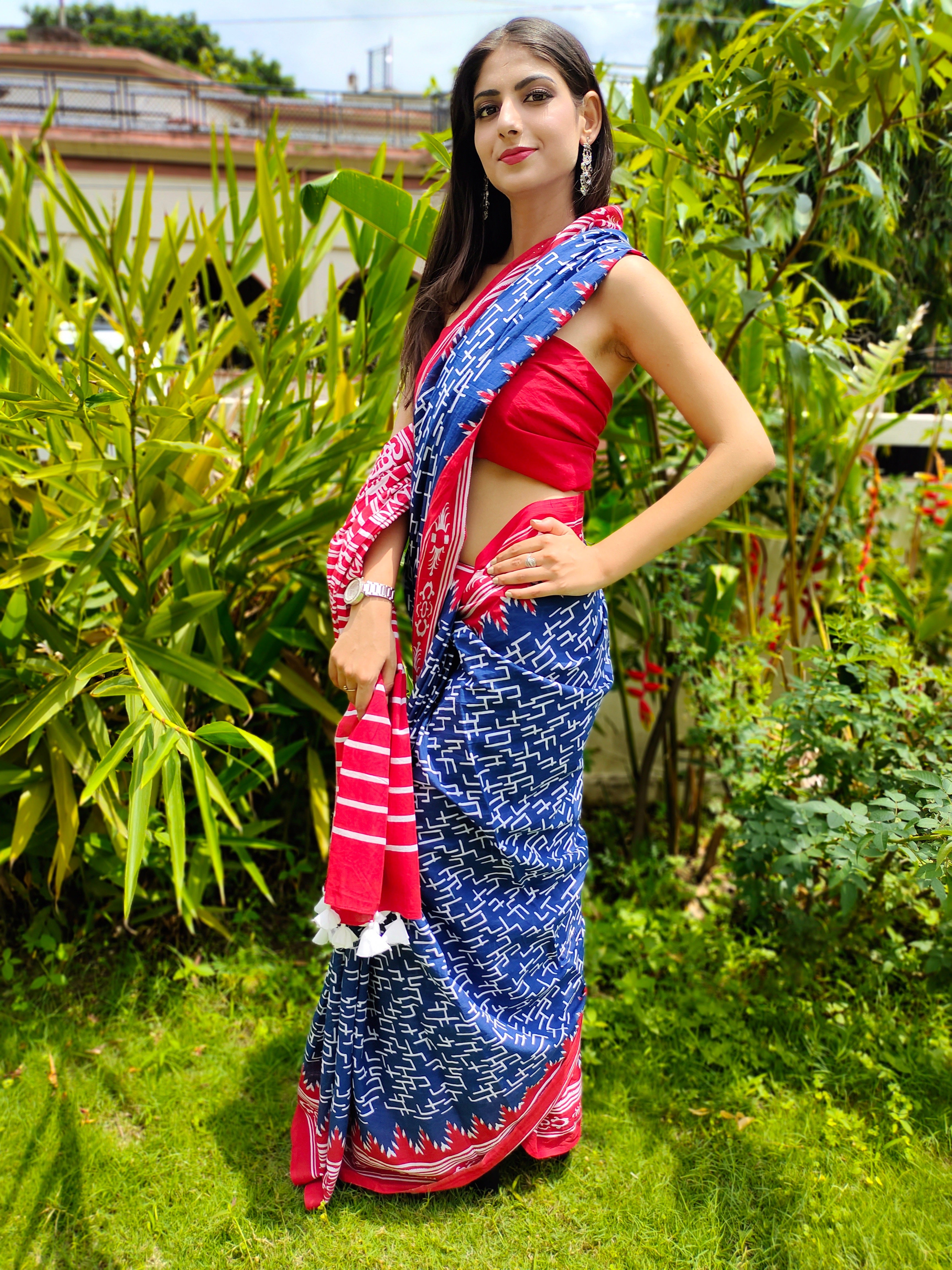 Classy Royal Blue Cotton Saree Red Border Handblock Print