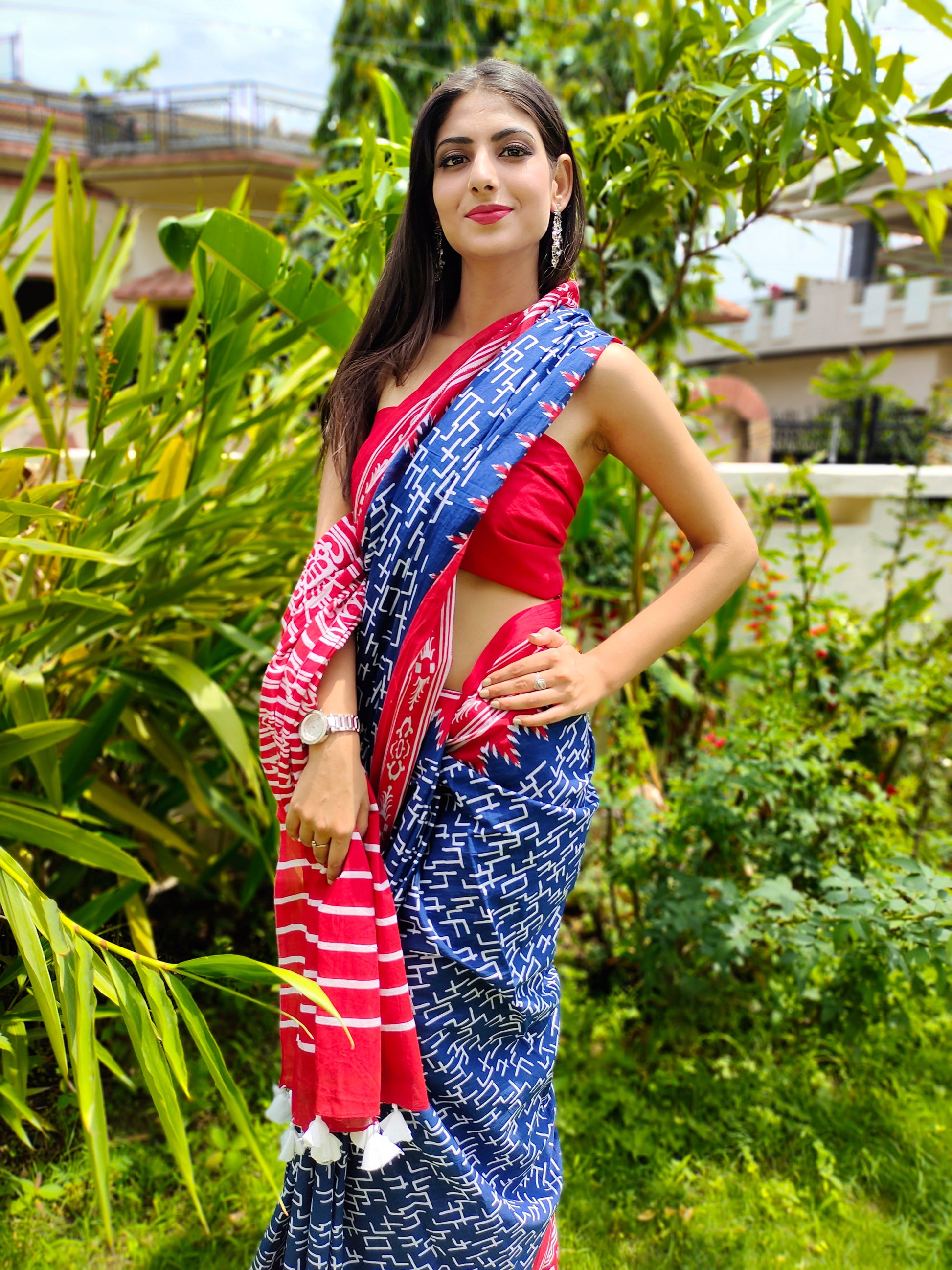 Classy Royal Blue Cotton Saree Red Border Handblock Print
