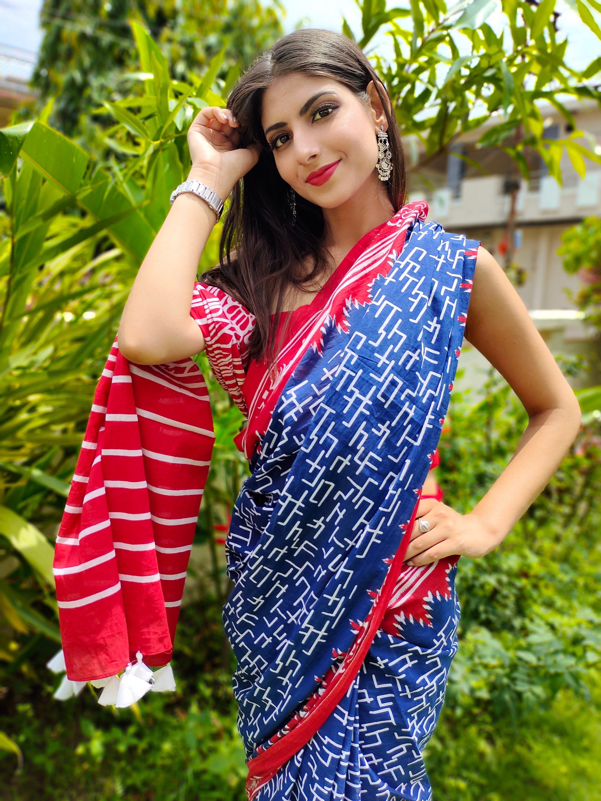 Classy Royal Blue Cotton Saree Red Border Handblock Print