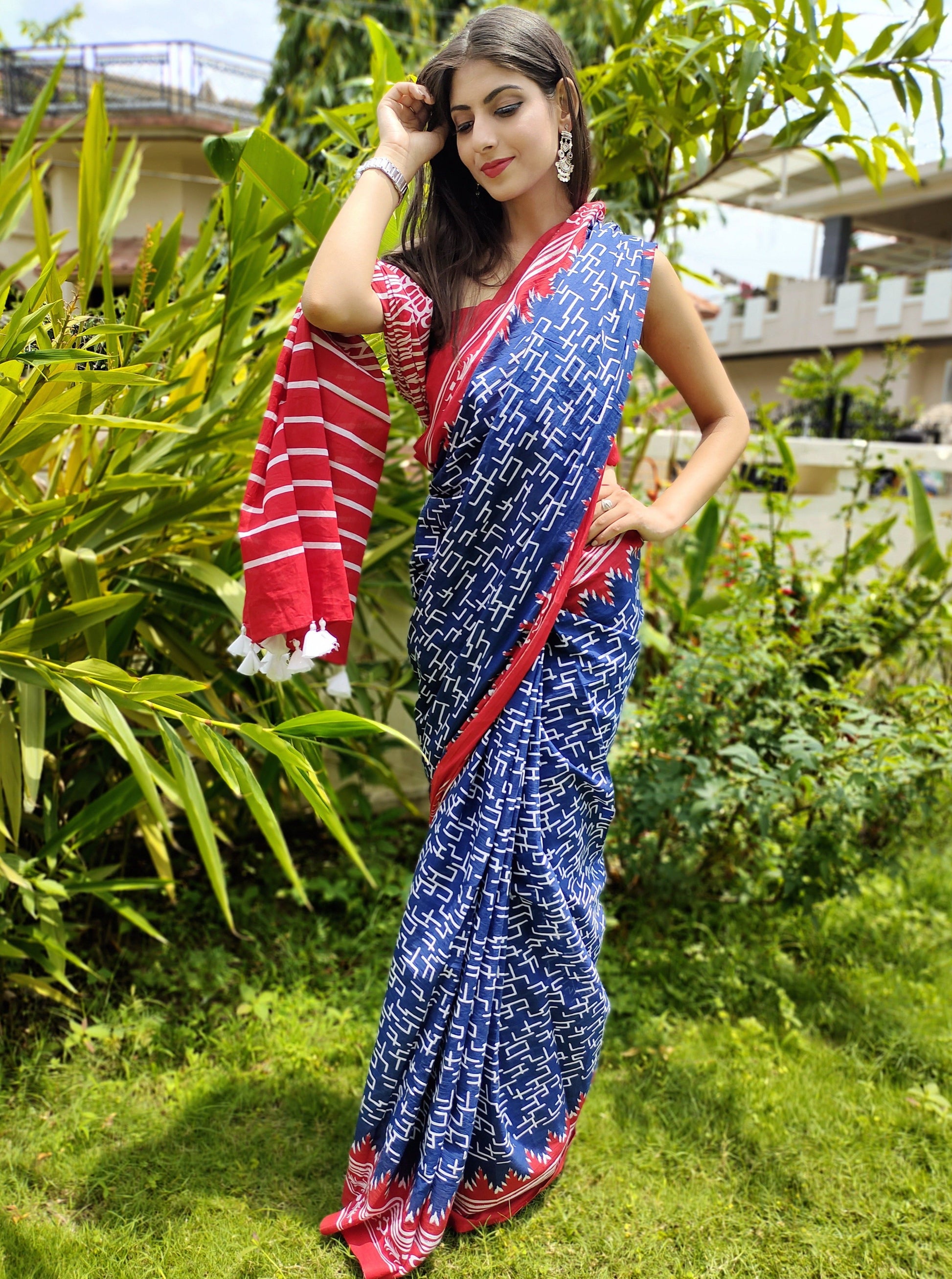 Classy Royal Blue Cotton Saree Red Border Handblock Print