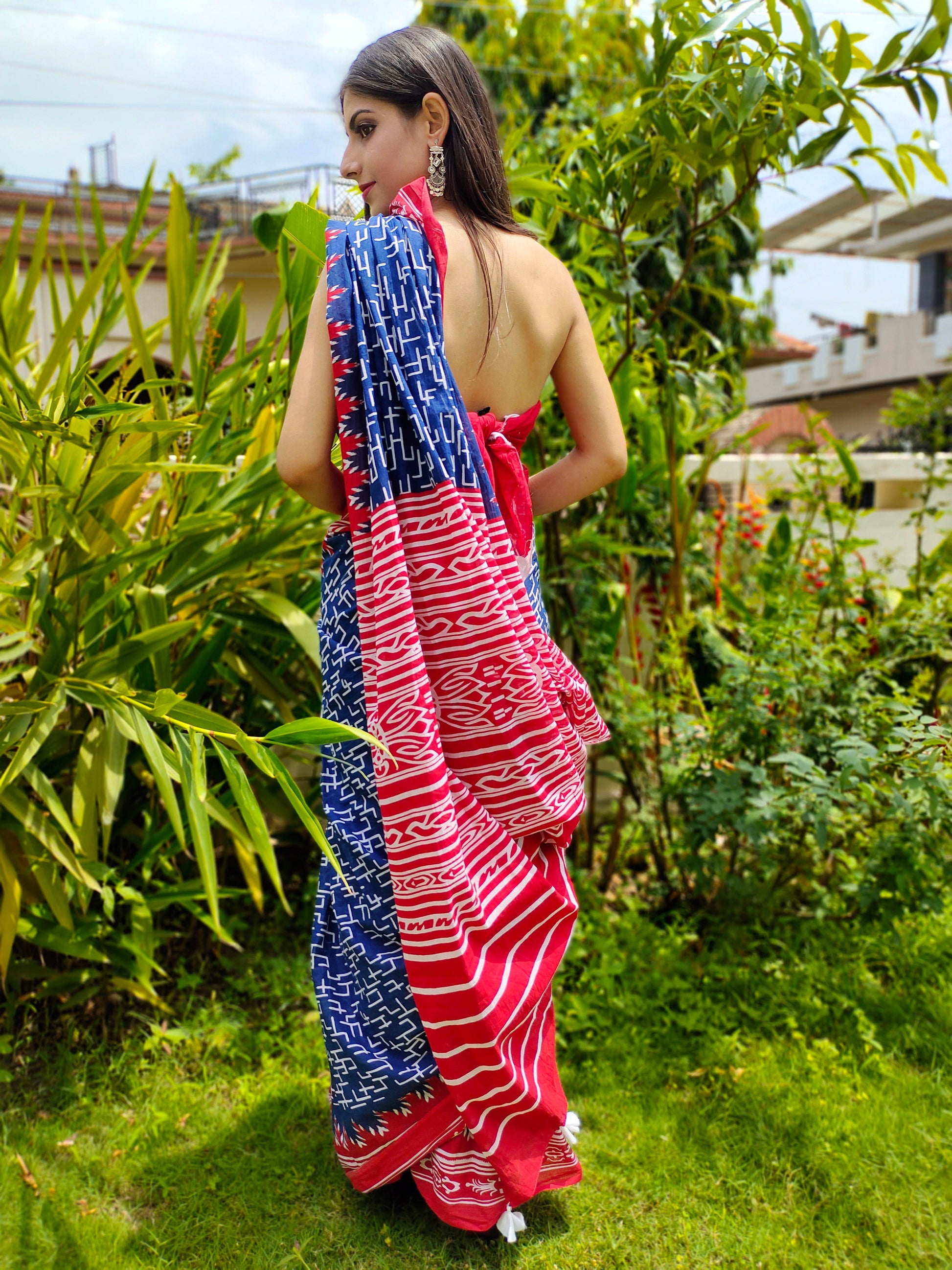 Classy Royal Blue Cotton Saree Red Border Handblock Print