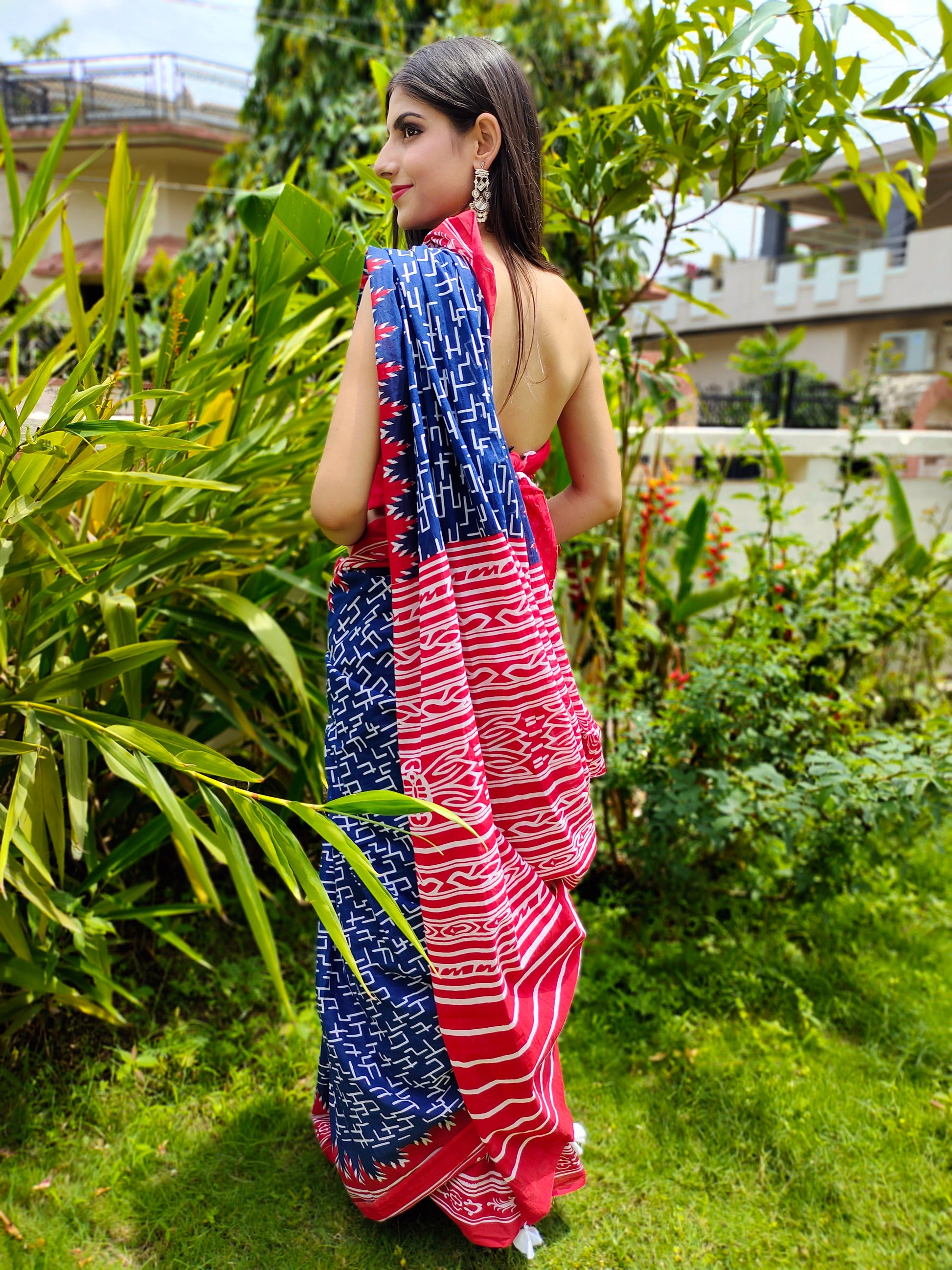 Classy Royal Blue Cotton Saree Red Border Handblock Print