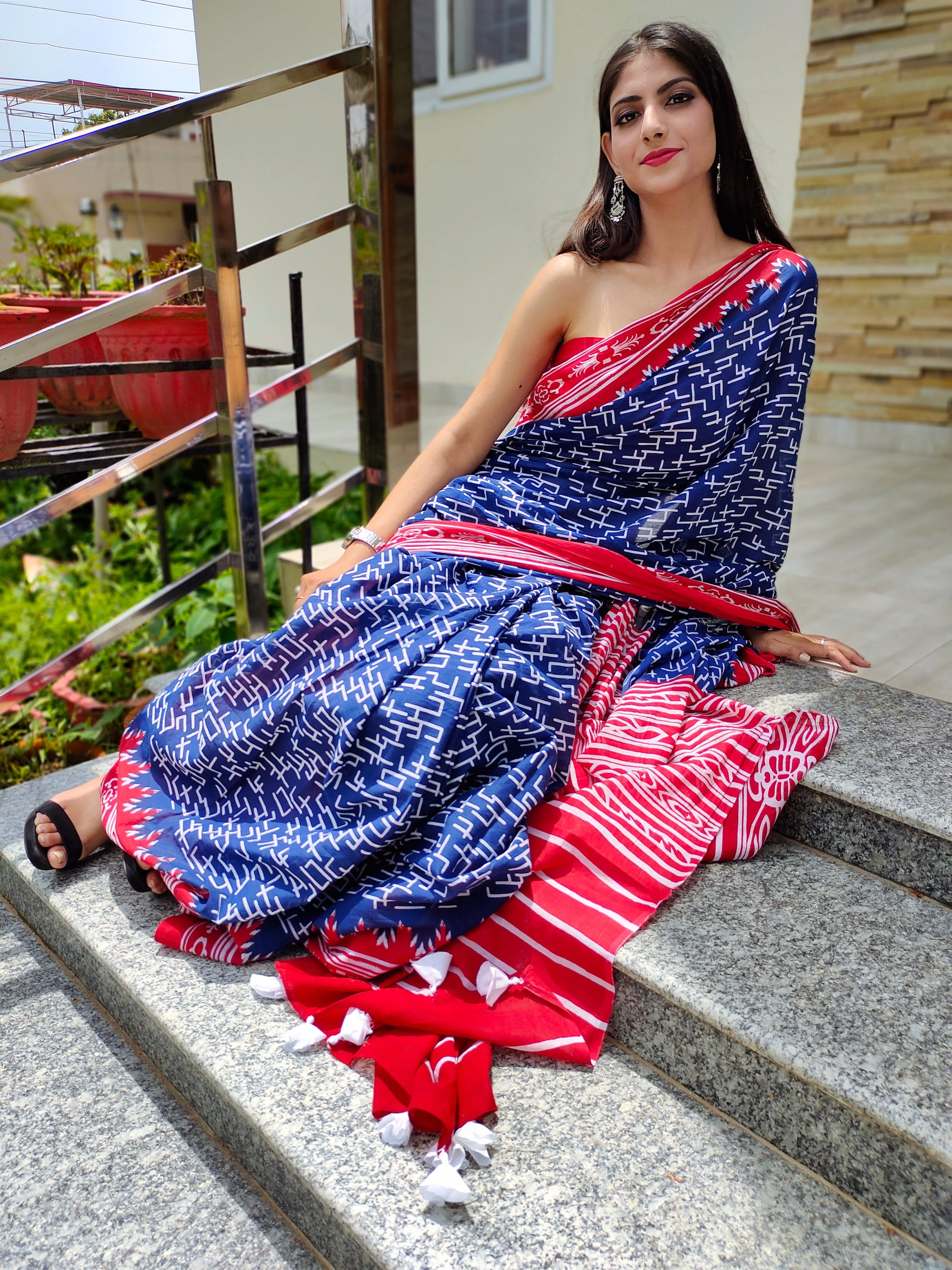 Classy Royal Blue Cotton Saree Red Border Handblock Print