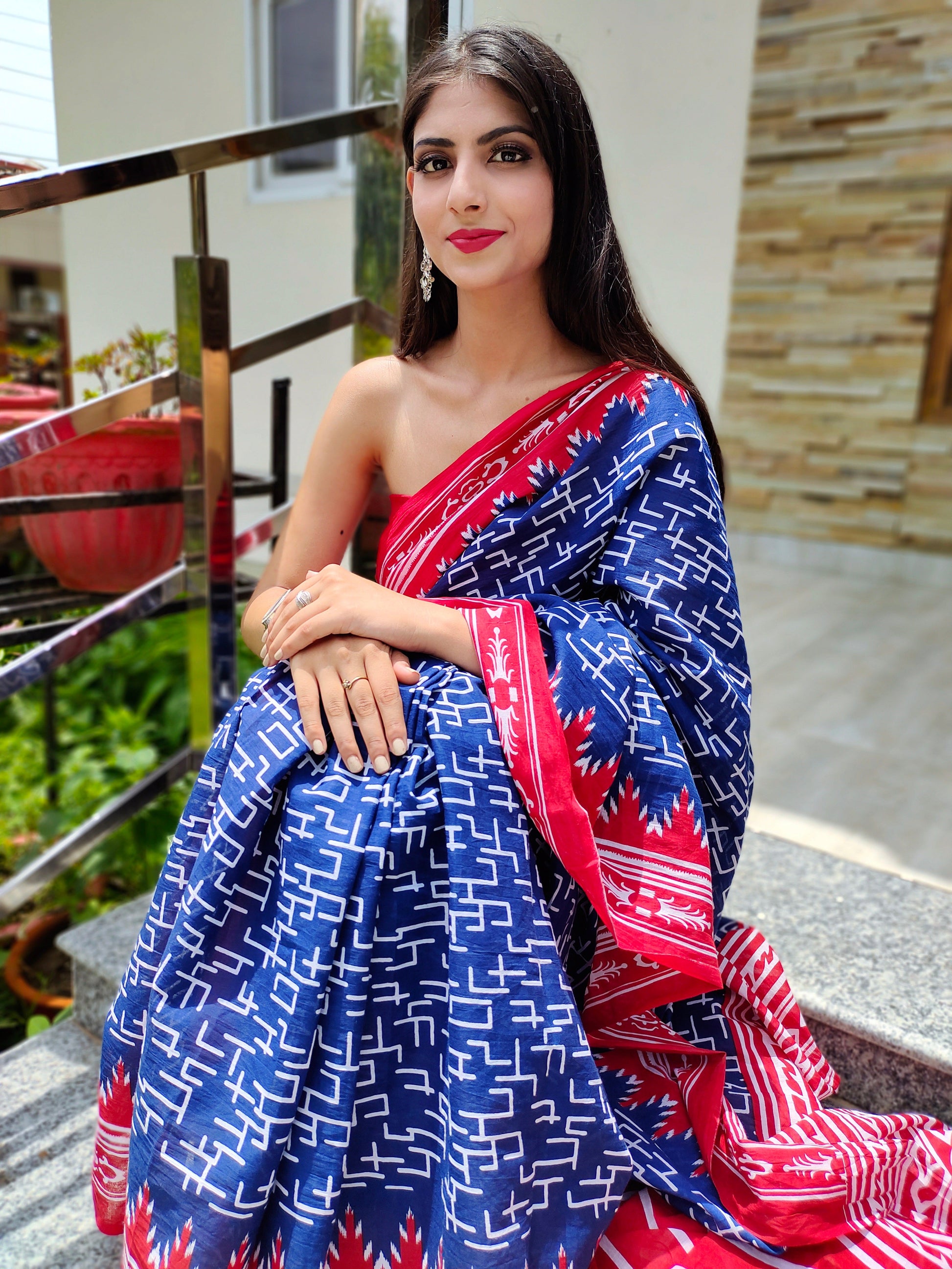Classy Royal Blue Cotton Saree Red Border Handblock Print