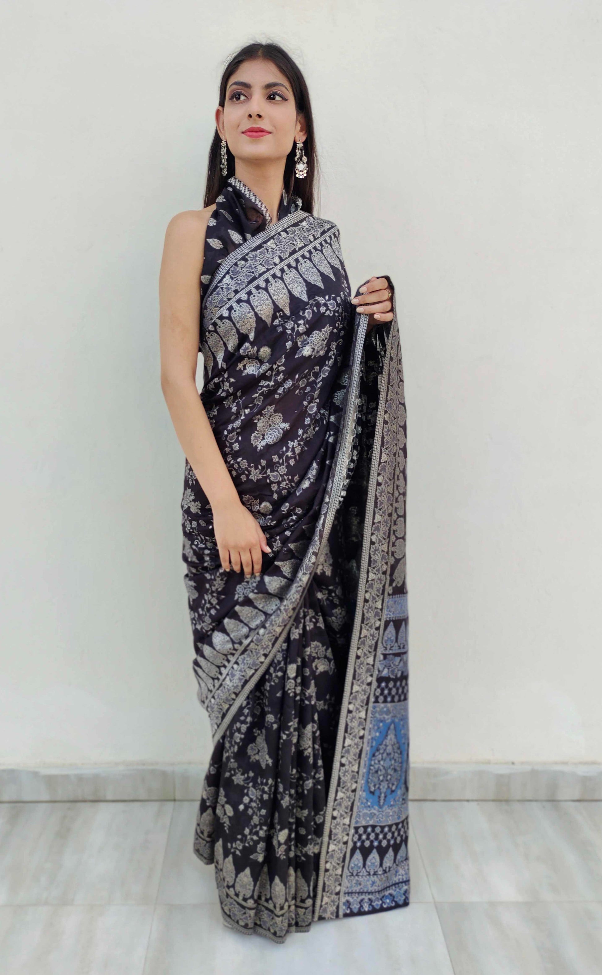 Black Cotton Silk Saree Kaani Weave Handwoven Art