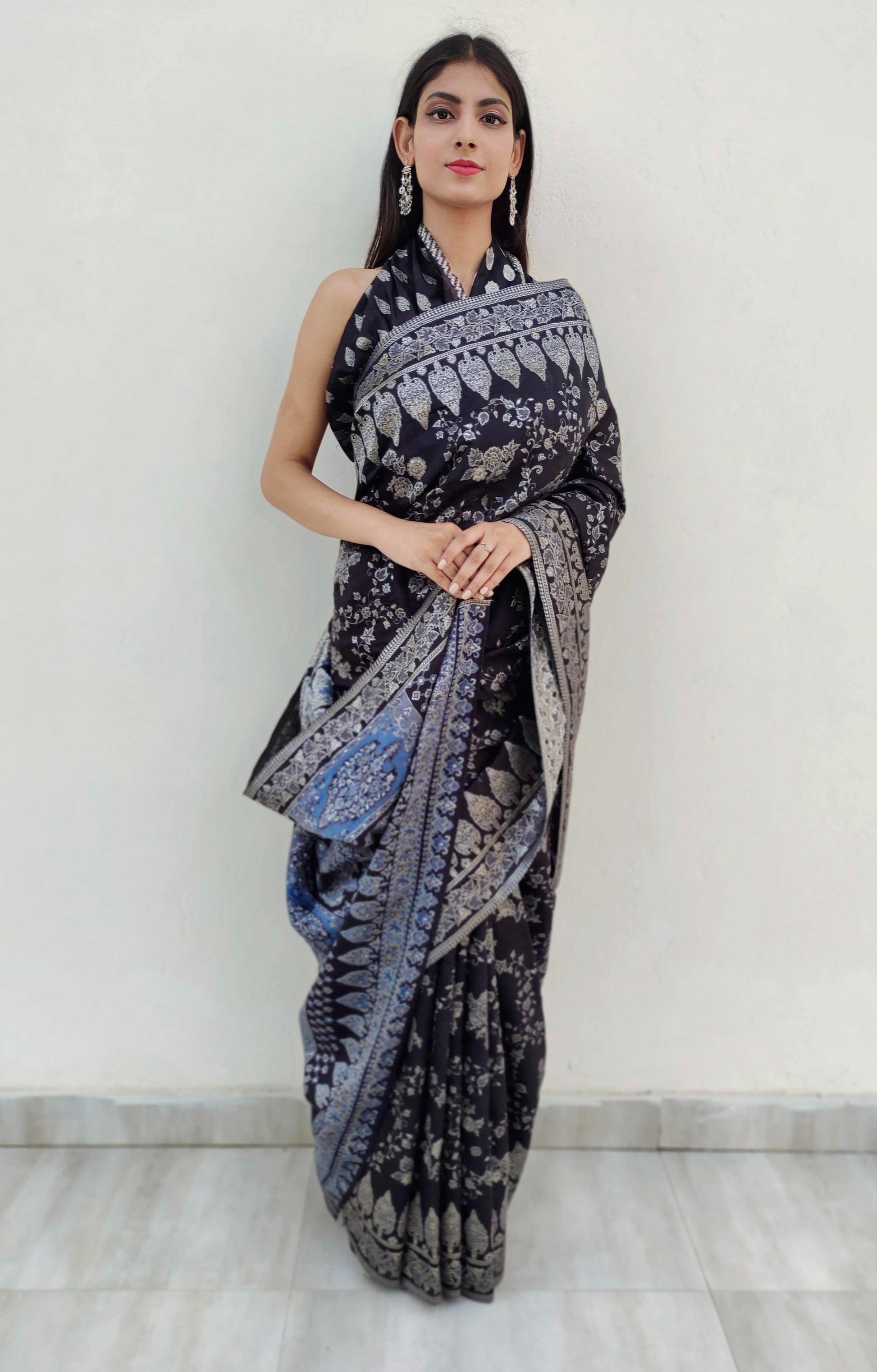 Black Cotton Silk Saree Kaani Weave Handwoven Art