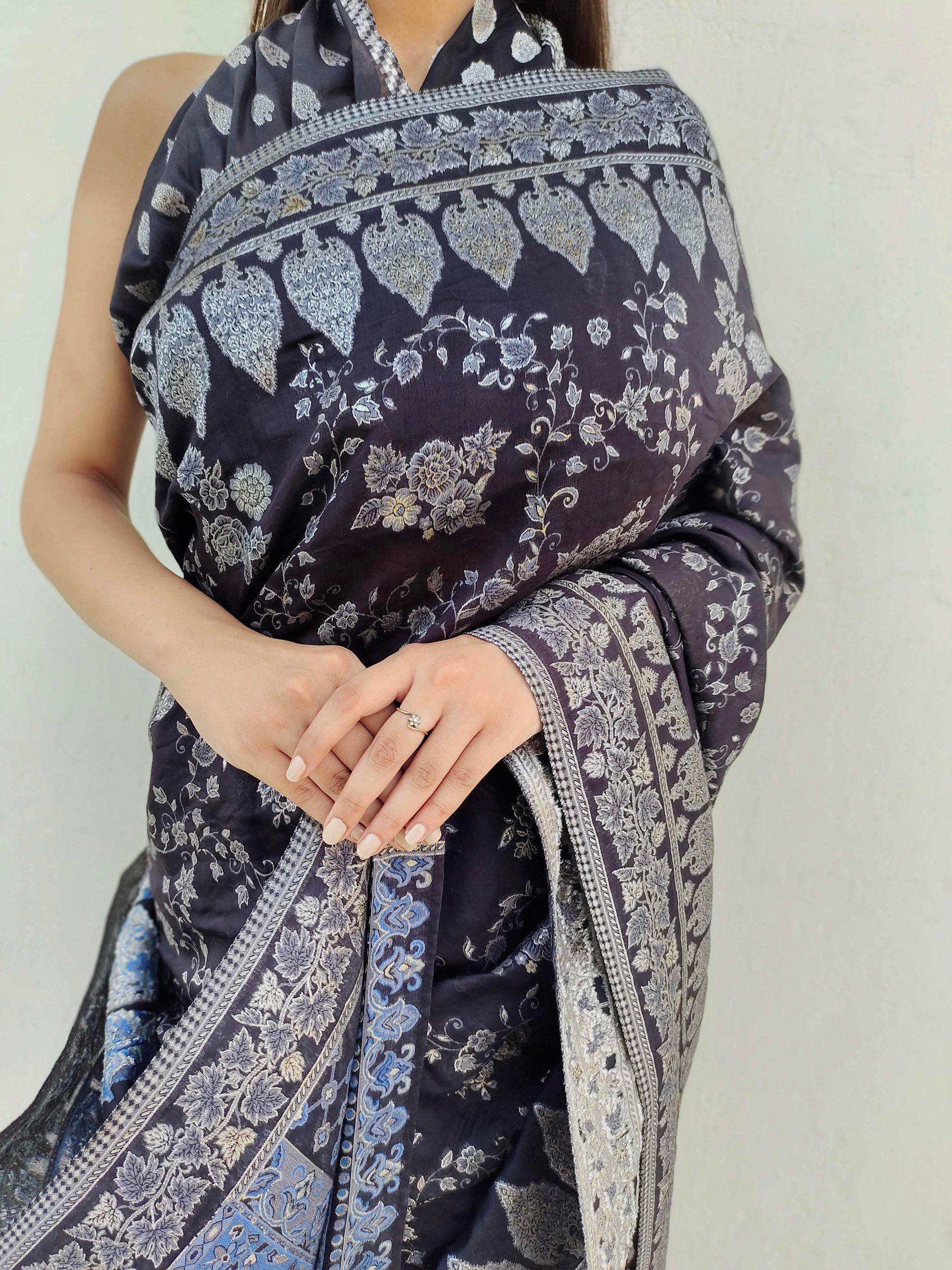 Black Cotton Silk Saree Kaani Weave Handwoven Art