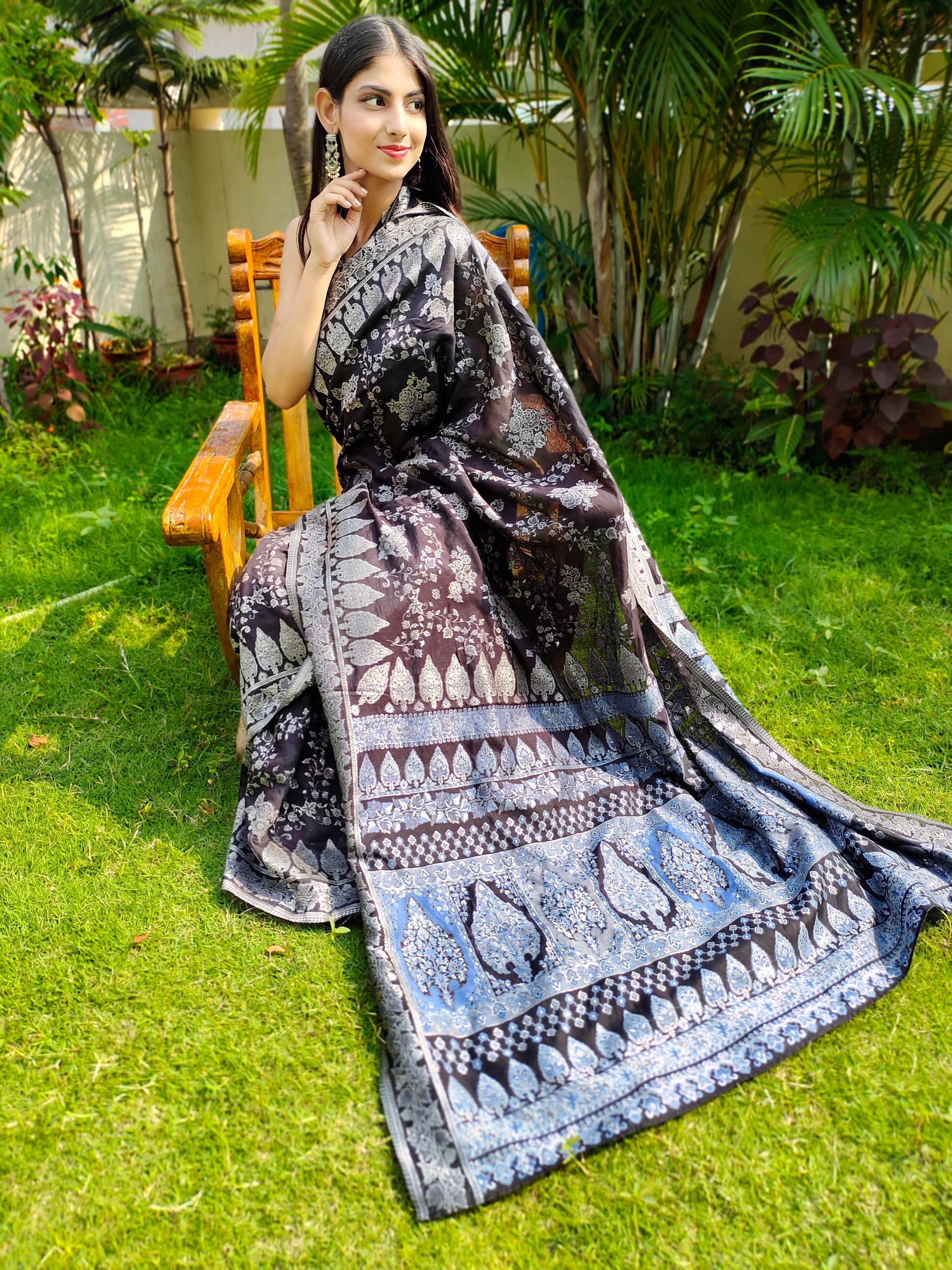 Black Cotton Silk Saree Kaani Weave Handwoven Art