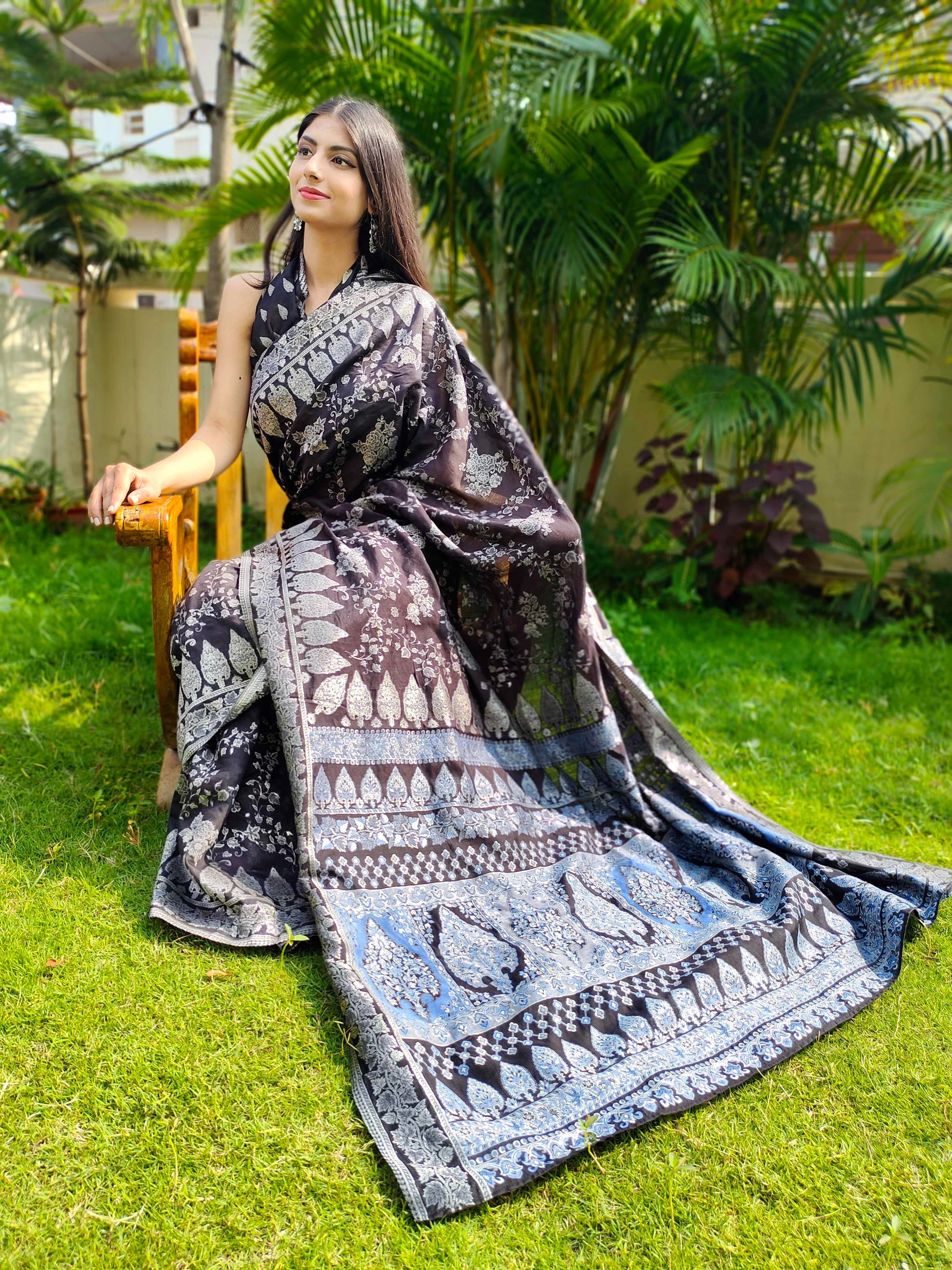Black Cotton Silk Saree Kaani Weave Handwoven Art
