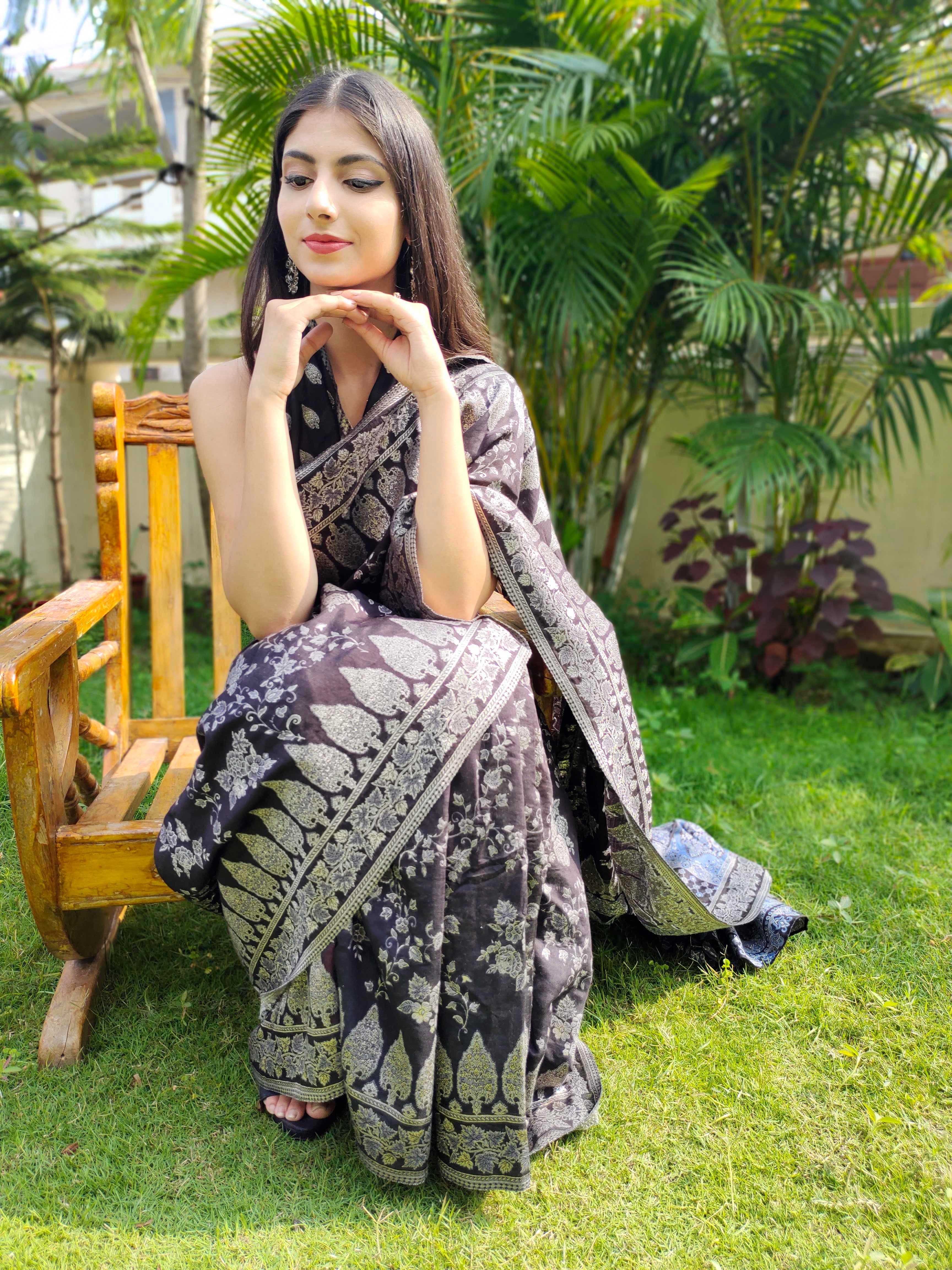 Black Cotton Silk Saree Kaani Weave Handwoven Art