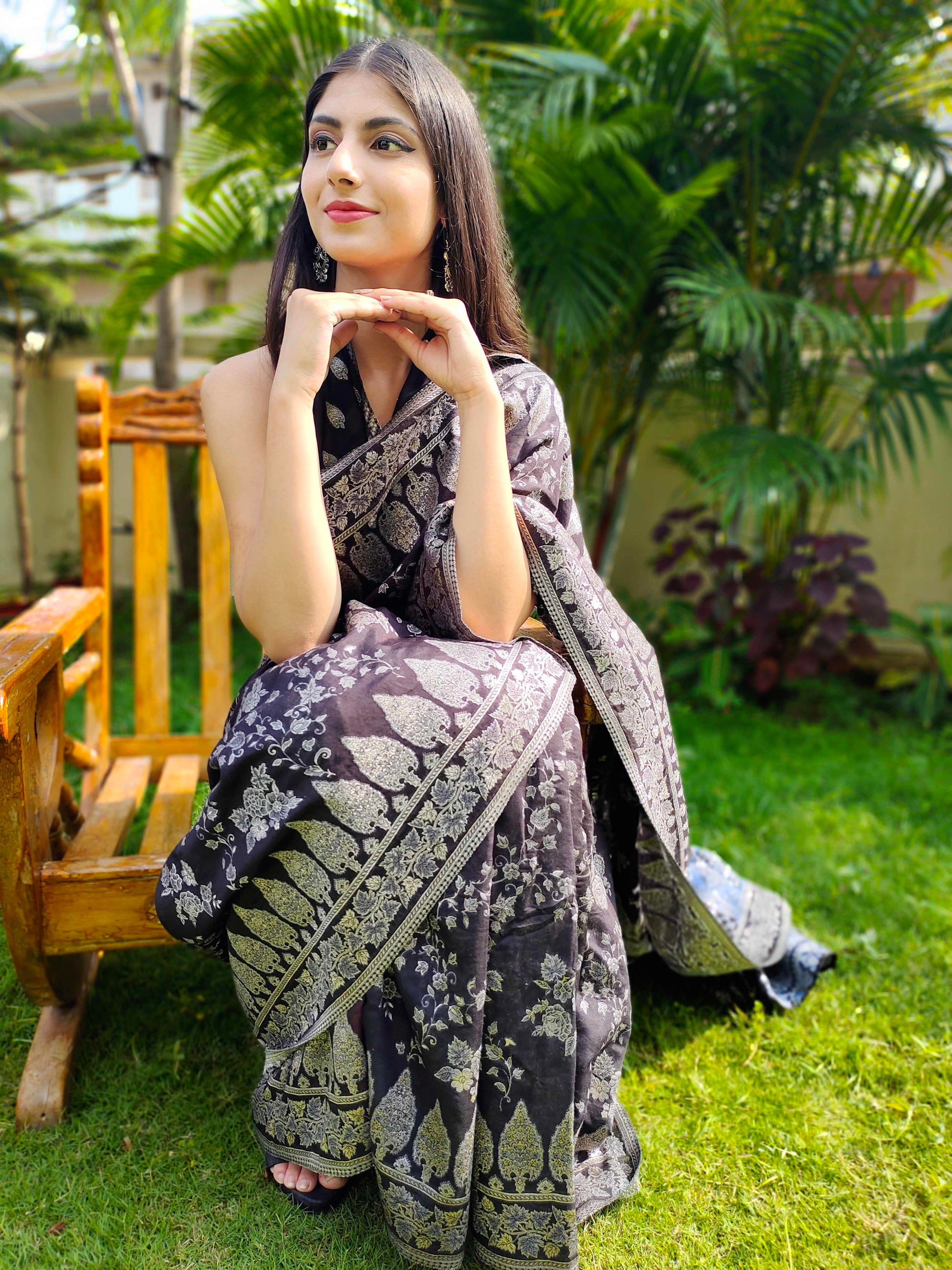 Black Cotton Silk Saree Kaani Weave Handwoven Art