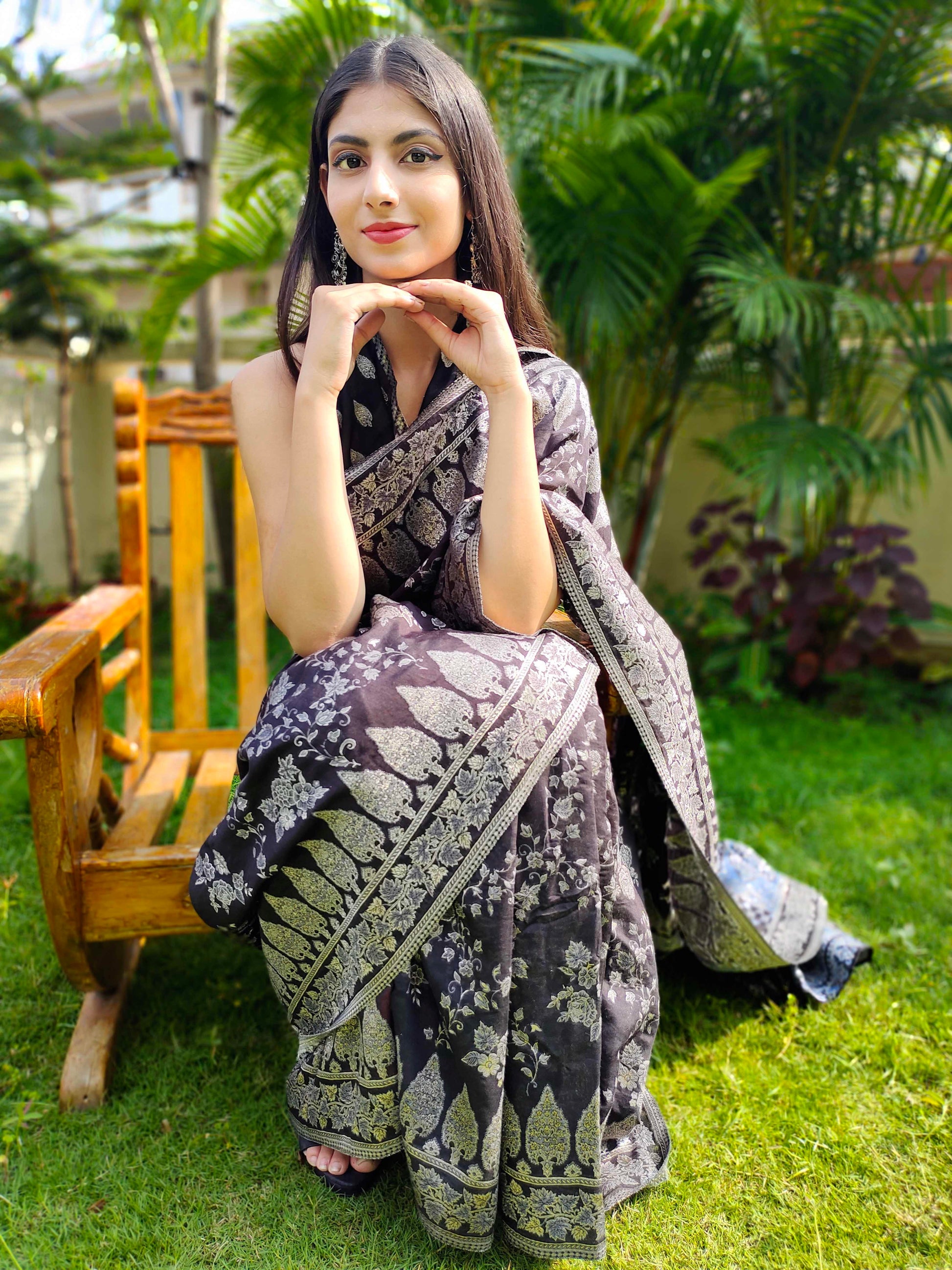 Black Cotton Silk Saree Kaani Weave Handwoven Art