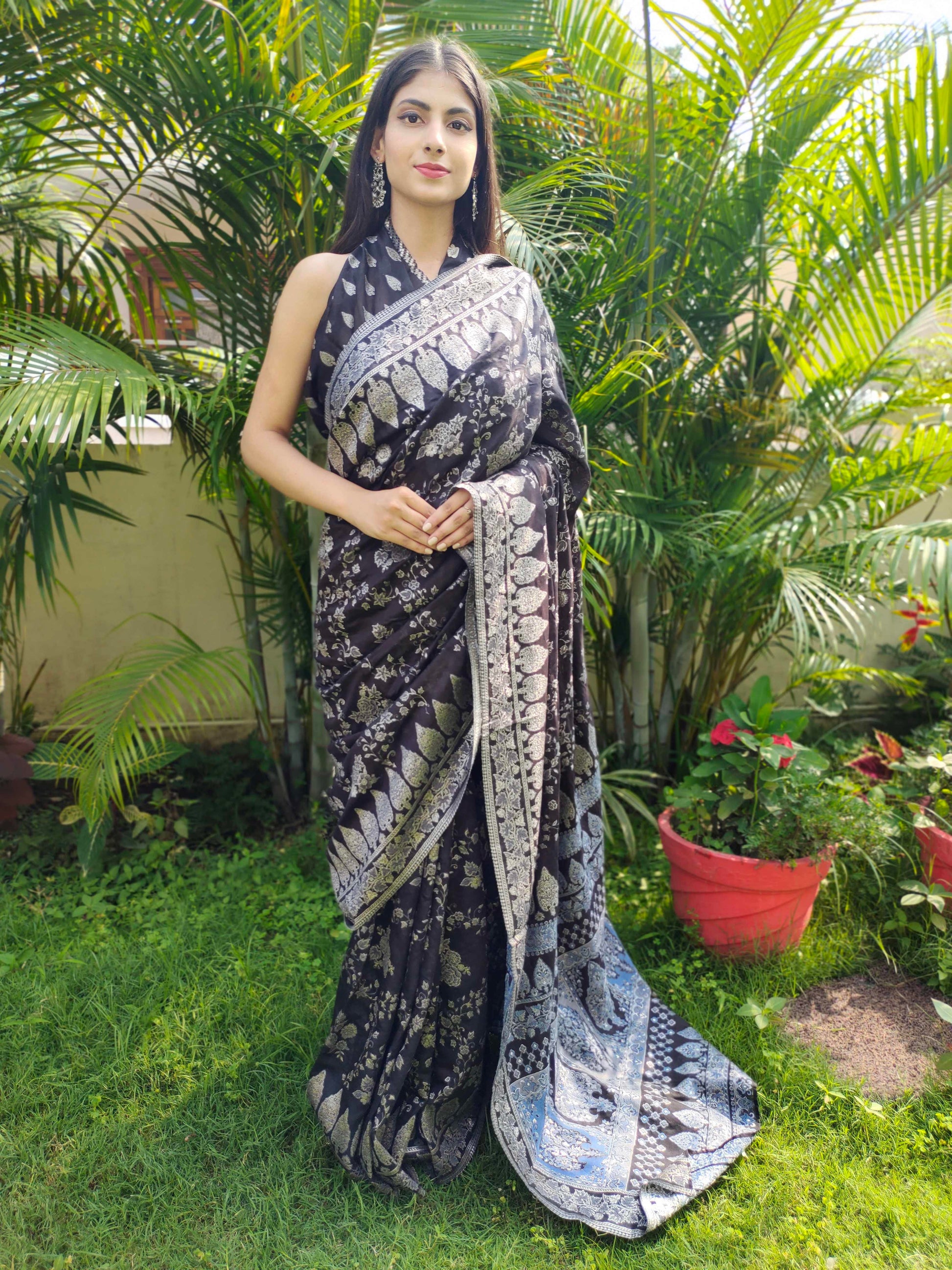 Black Cotton Silk Saree Kaani Weave Handwoven Art