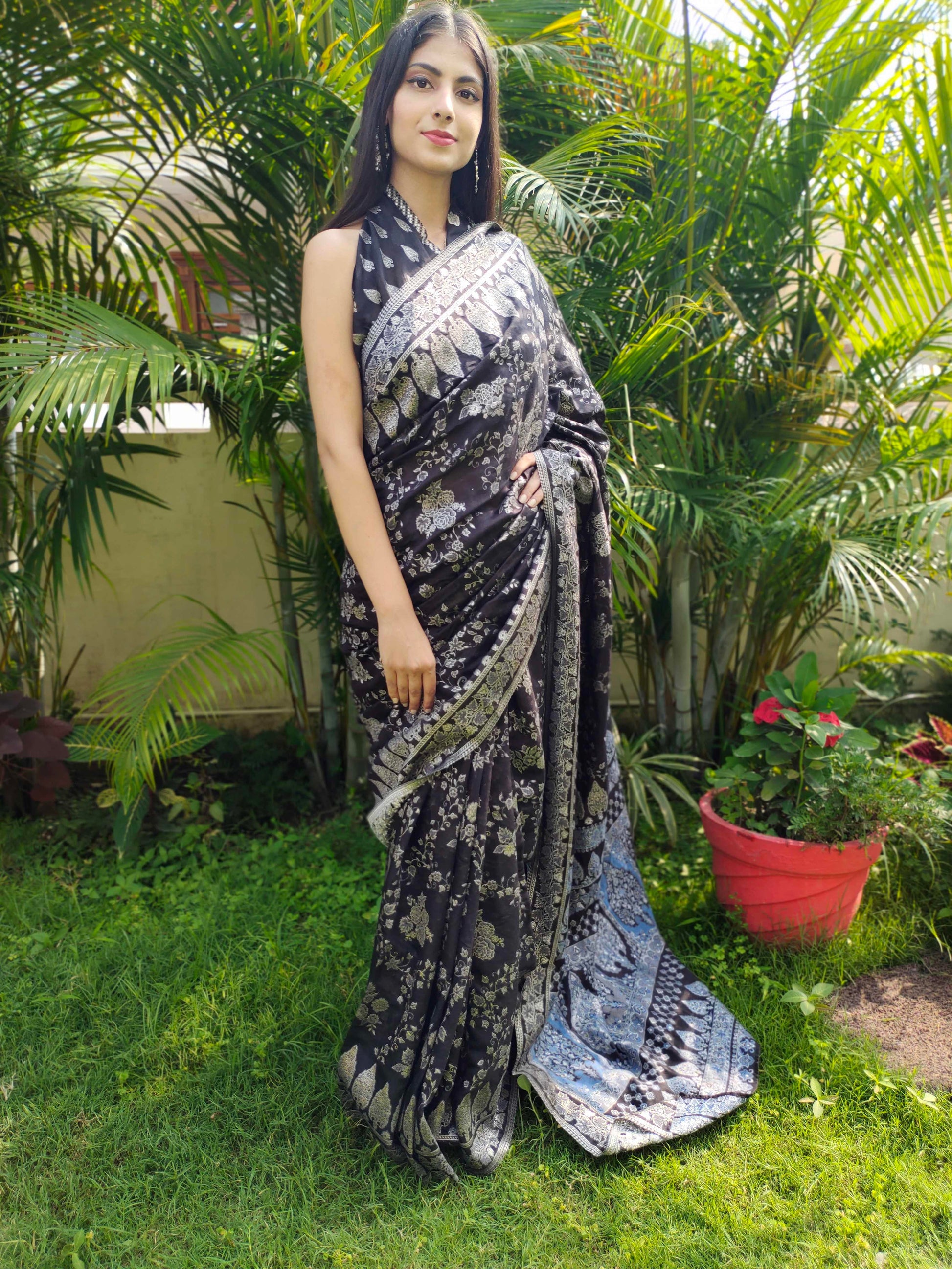 Black Cotton Silk Saree Kaani Weave Handwoven Art