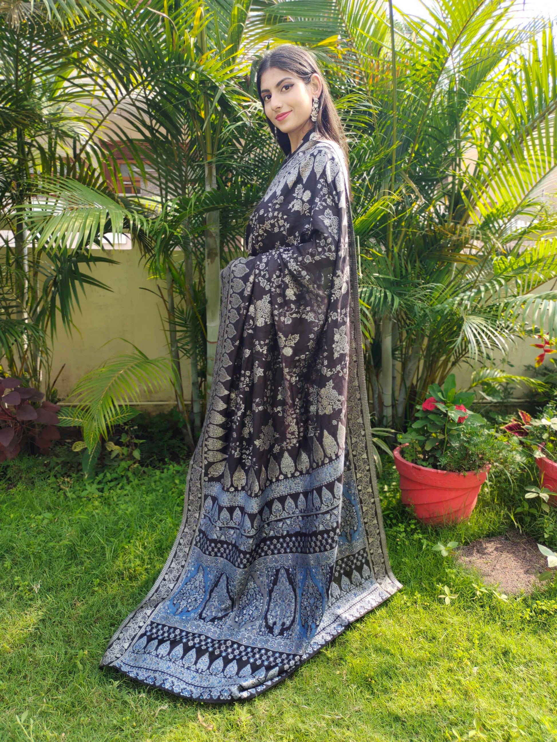 Black Cotton Silk Saree Kaani Weave Handwoven Art