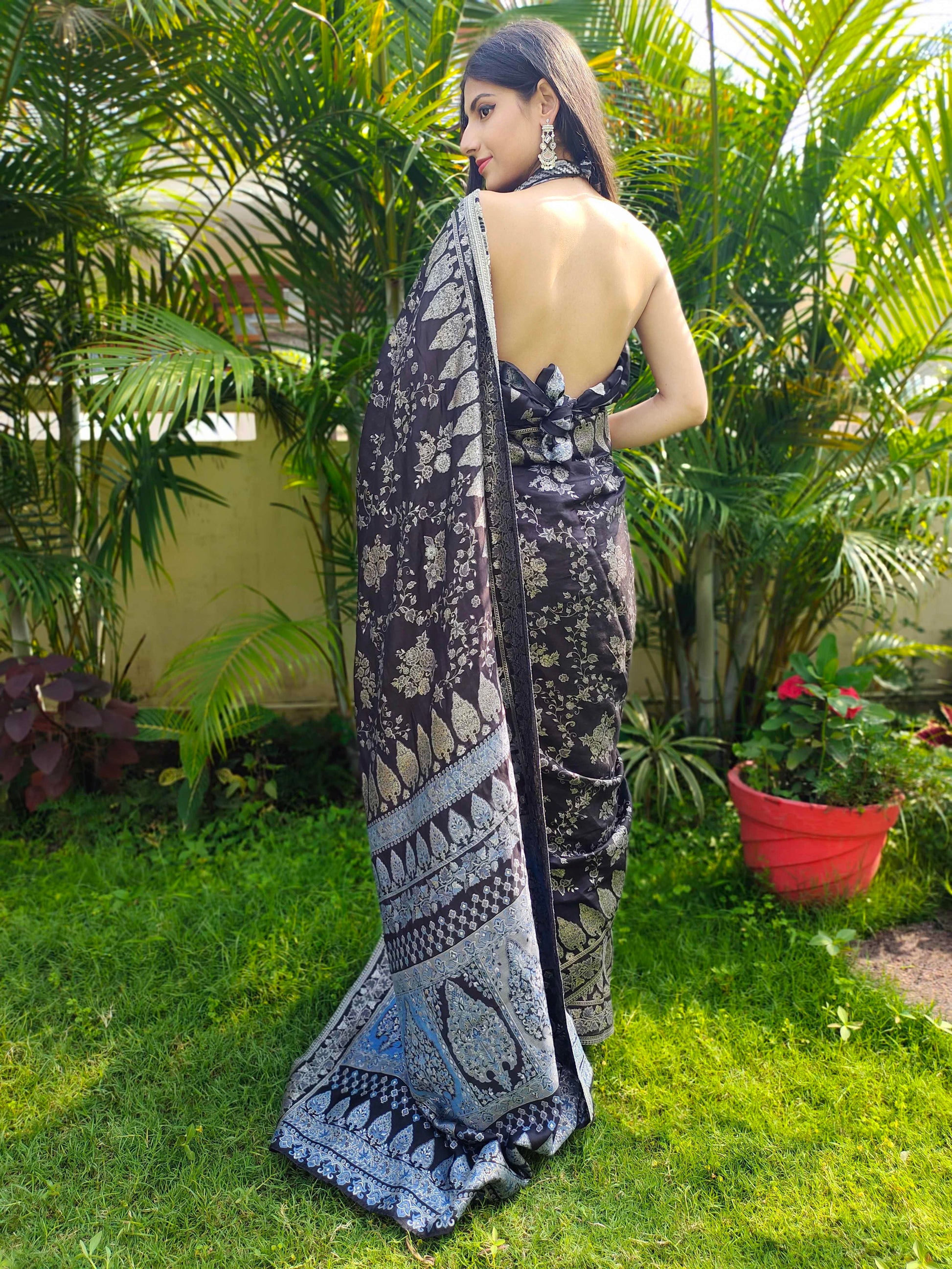 Black Cotton Silk Saree Kaani Weave Handwoven Art