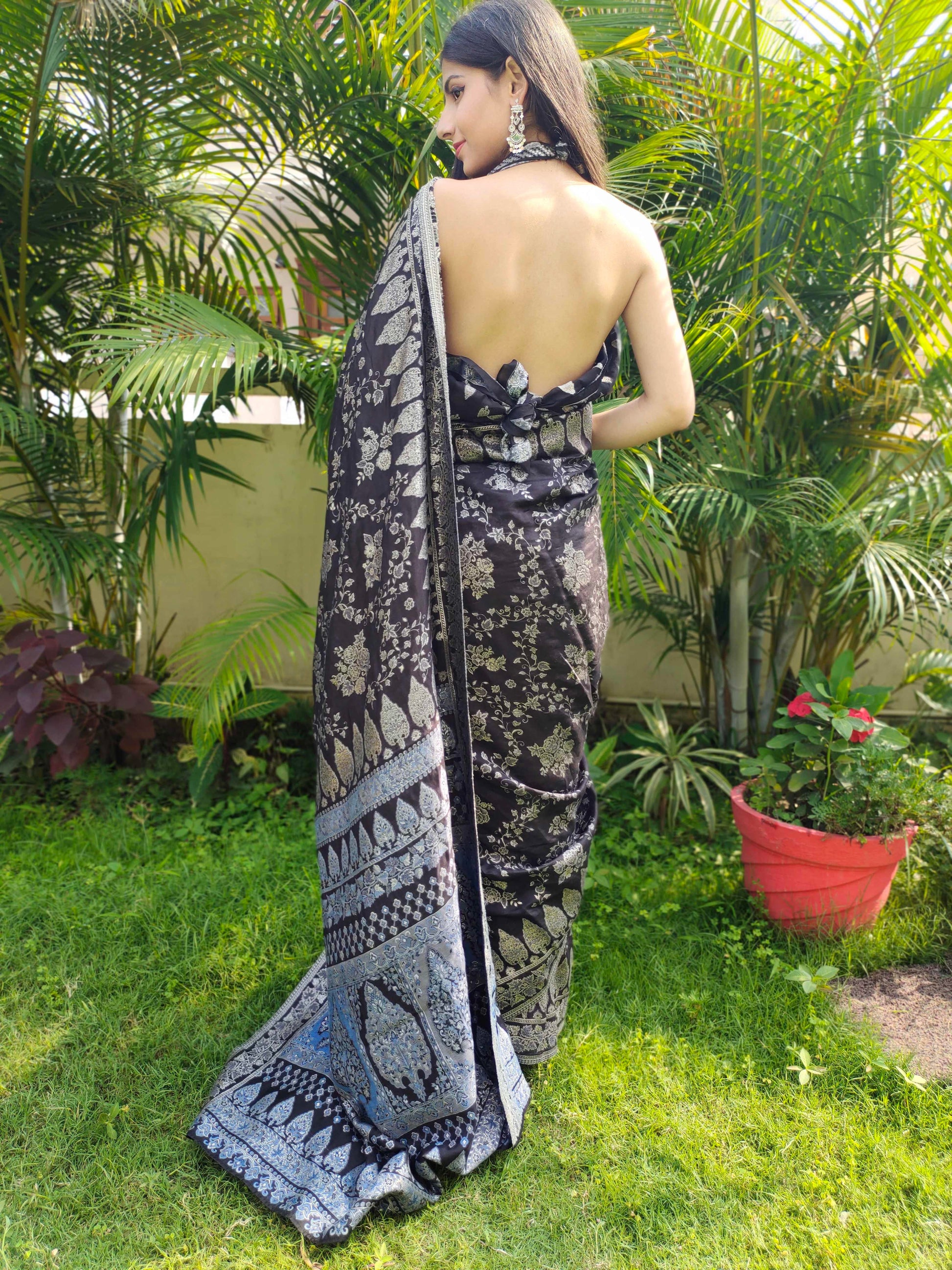 Black Cotton Silk Saree Kaani Weave Handwoven Art