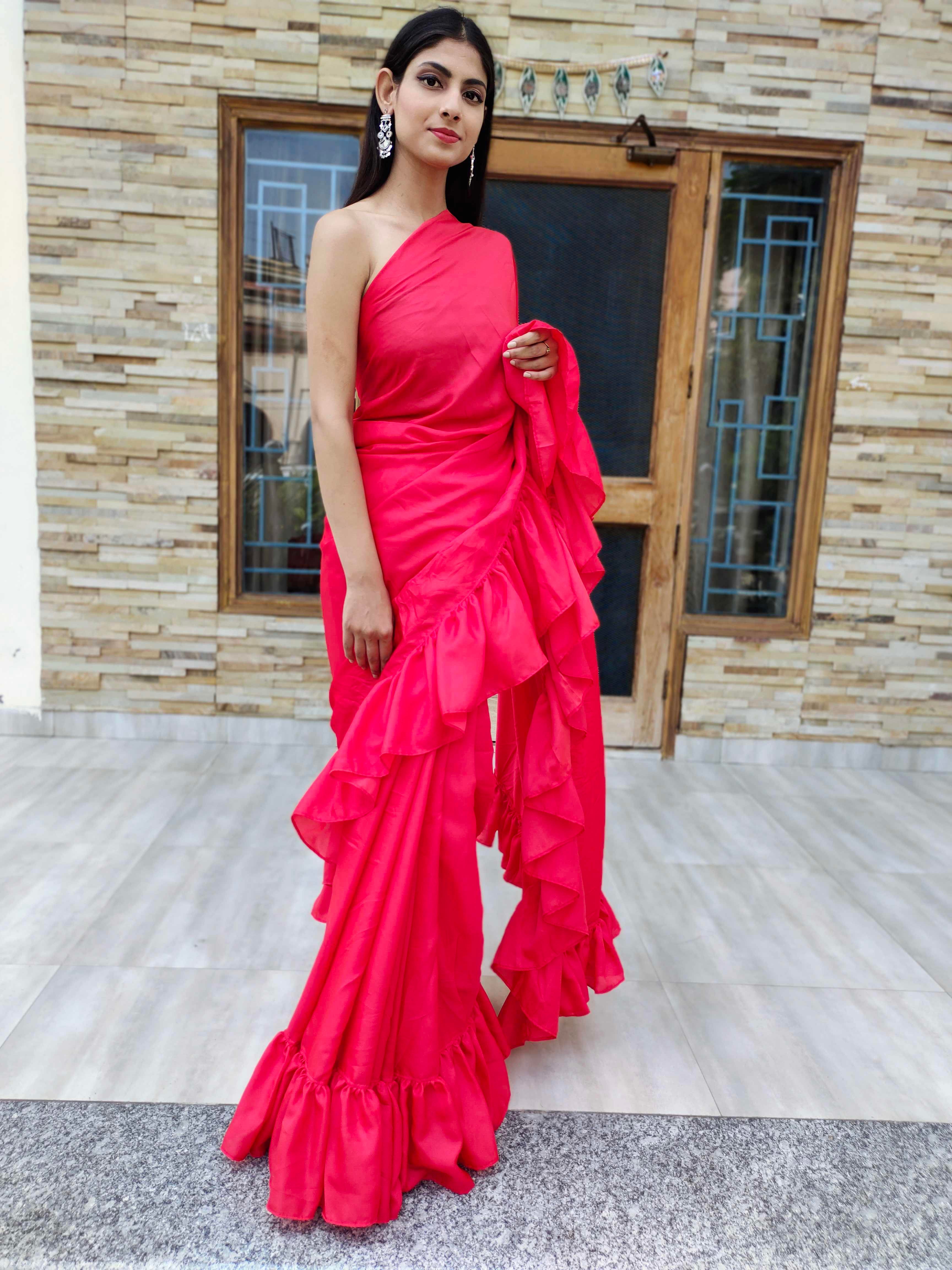 Striking Red Georgette Rylie Ruffle Saree - Festive Cocktail Wear