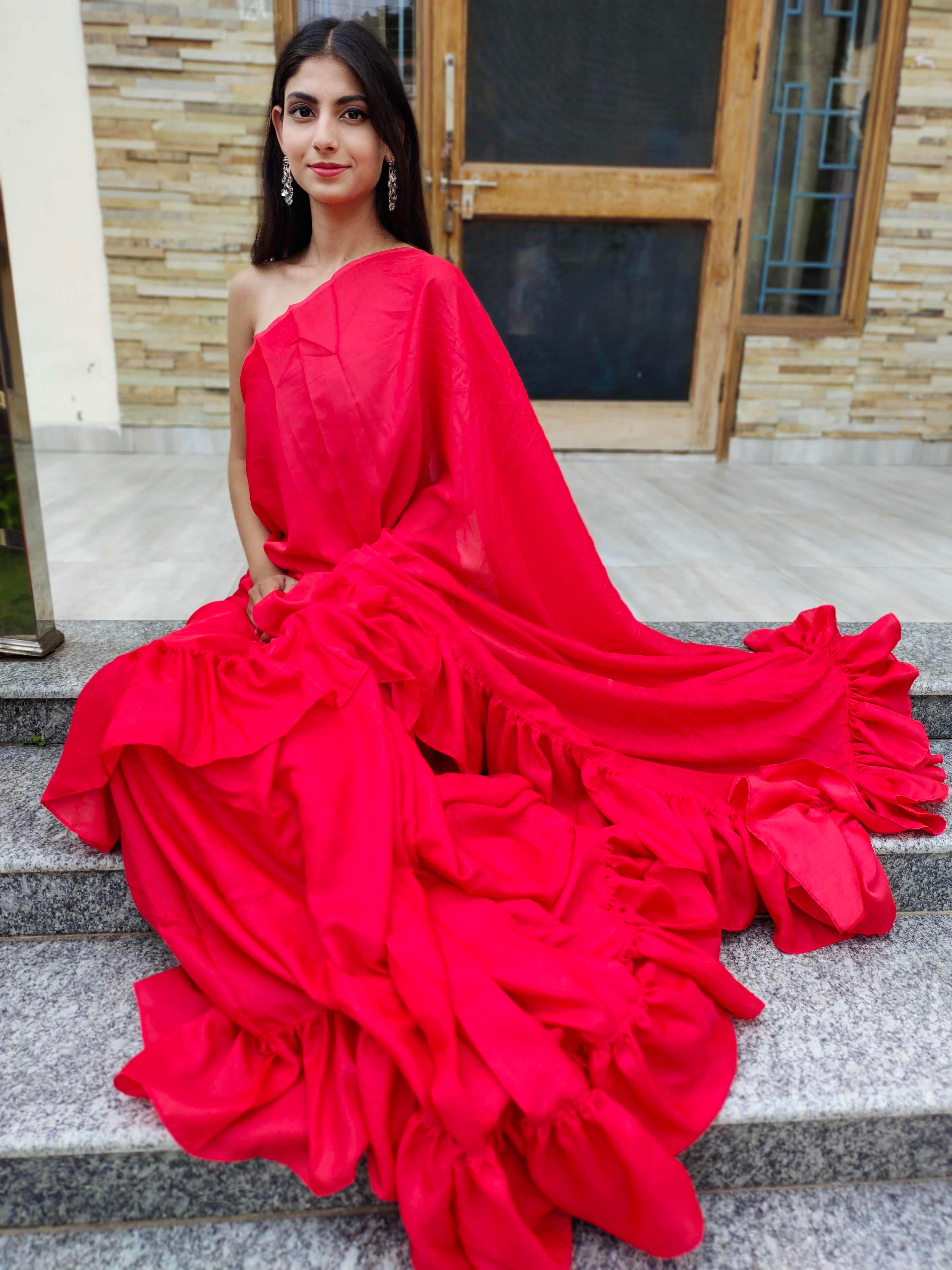 Striking Red Georgette Rylie Ruffle Saree - Festive Cocktail Wear